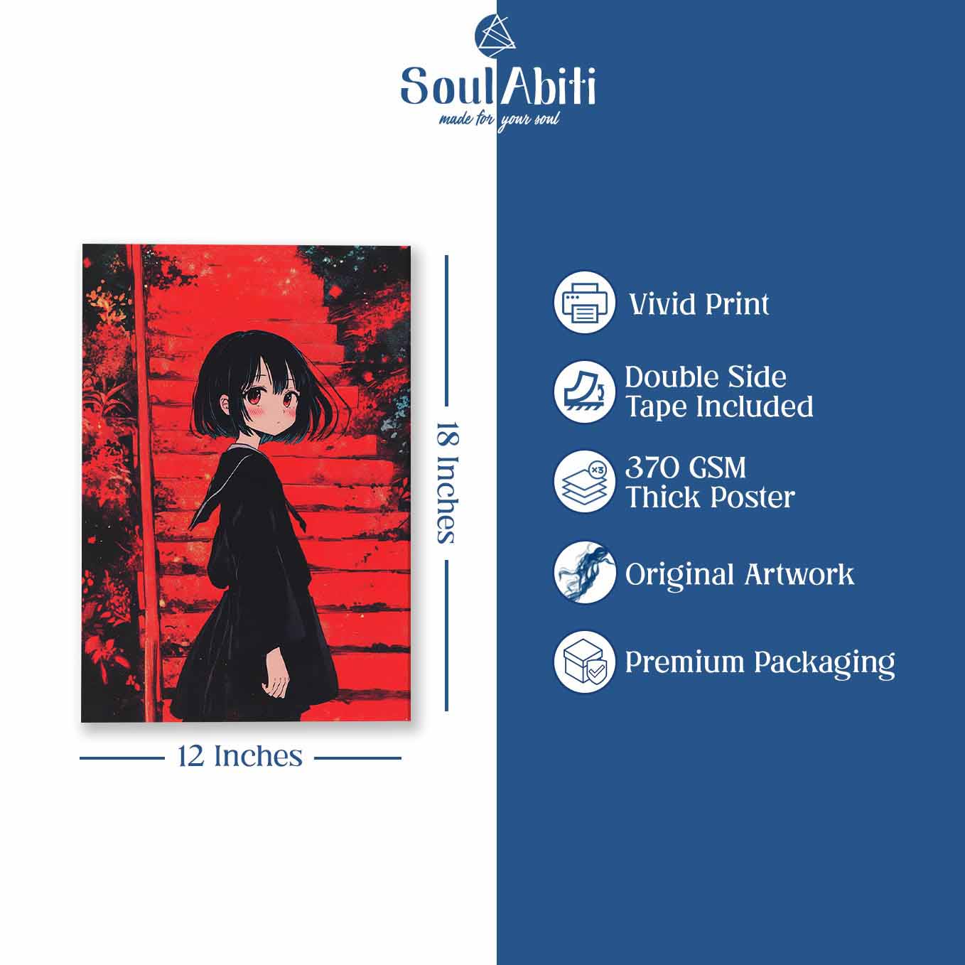 Anime Girl Red Stairs Poster - Japanese Aesthetic Wall Art 370 GSM with Double Side Tape Ready to Stick Wall Decor