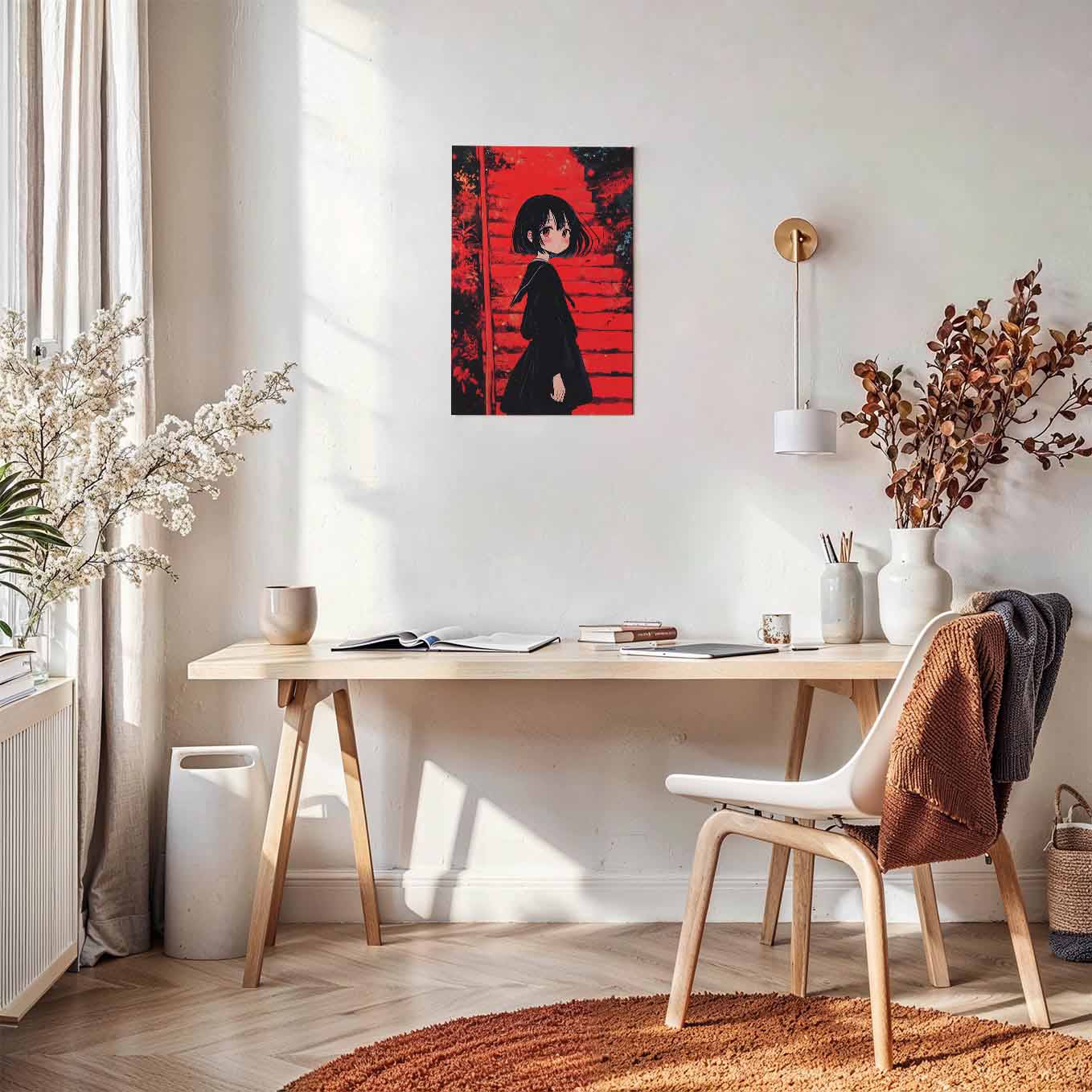 Anime Girl Red Stairs Poster - Japanese Aesthetic Wall Art 370 GSM with Double Side Tape Ready to Stick Wall Decor