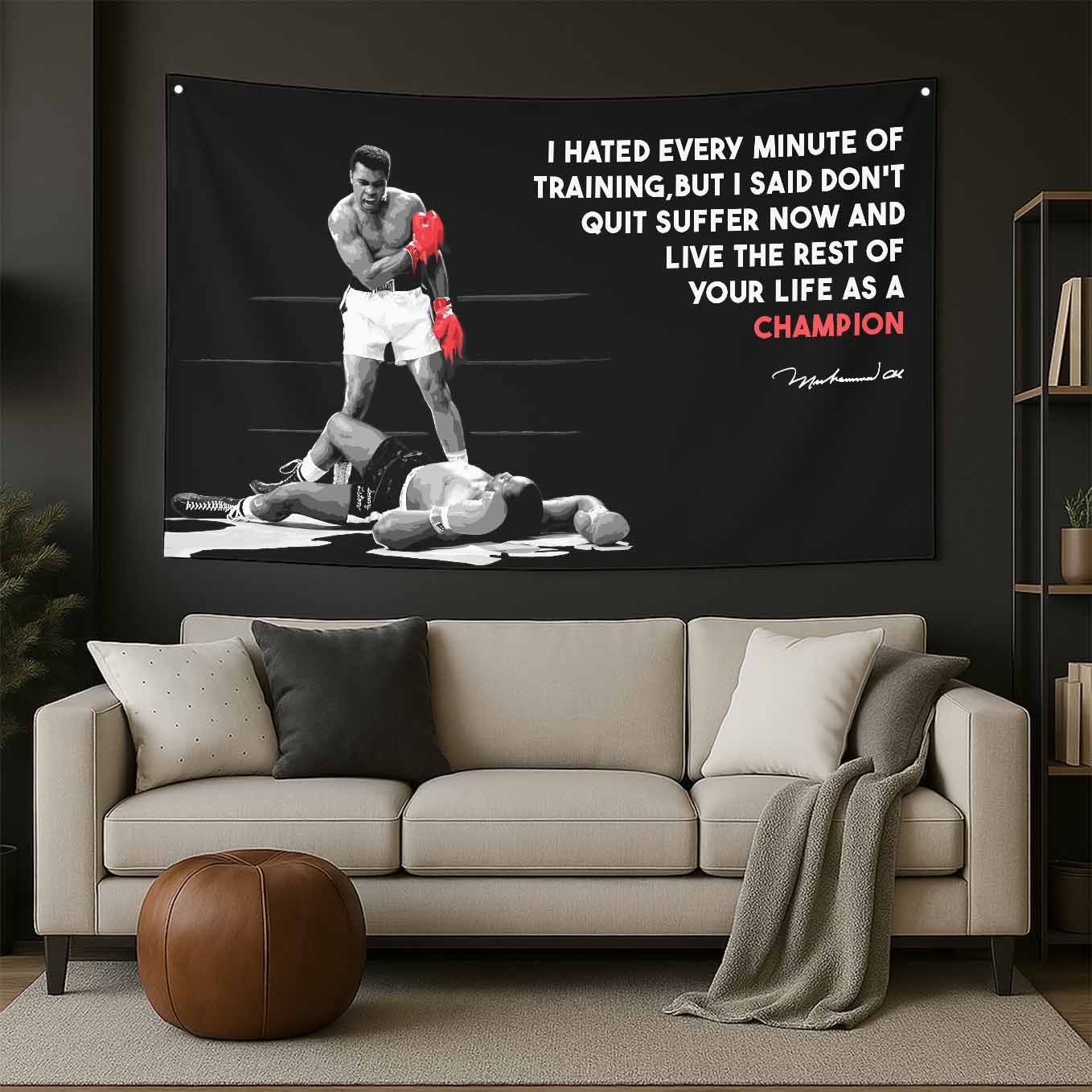 Muhammad Ali Motivational Tapestry - 73x43 Inches Inspirational Wall Hanging, Premium Polyester Fabric, Vivid Print, Machine Washable, Durable and Lightweight for Gym, Office, or Home Décor