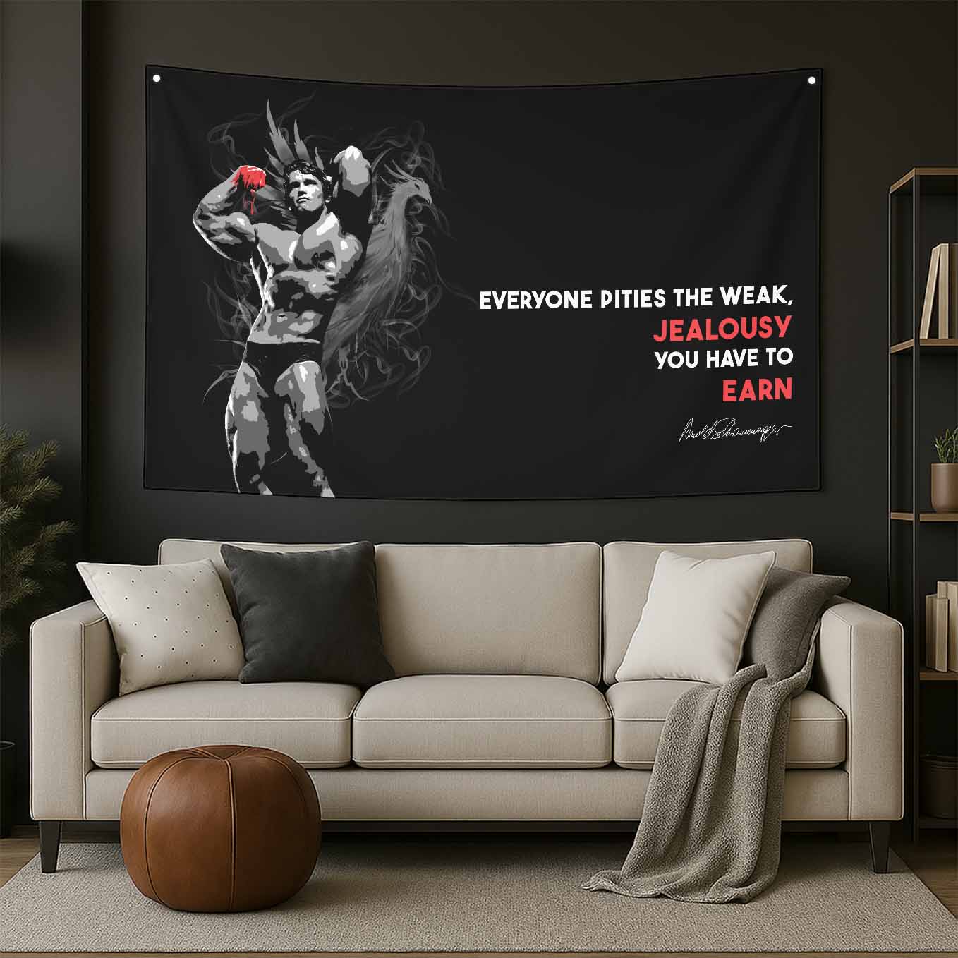 Motivational Tapestry Wall Hanging Arnold Schwarzenegger Jealousy you have to earn Inspirational Quote - Gym, Office, Dorm, Bedroom Decor, 73x43 Inches, Premium Polyester Fabric