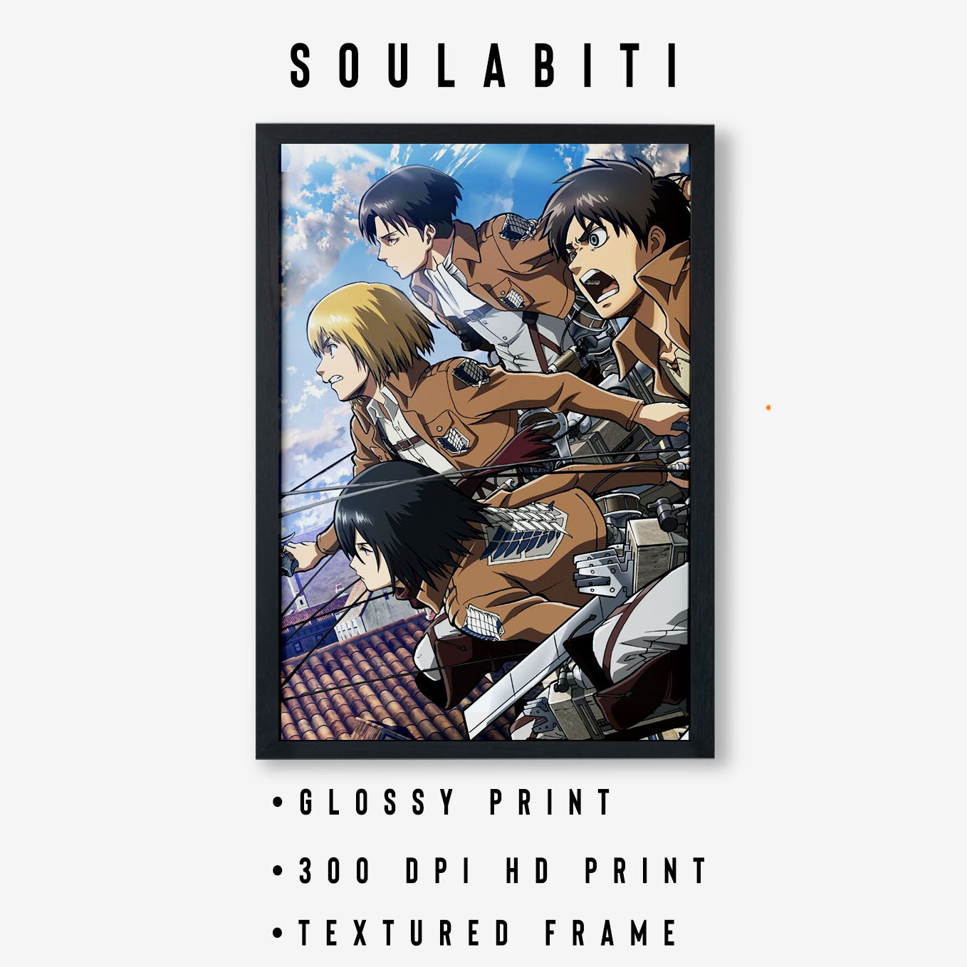 Attack on Titan Armin, Mikasa, Levi, Eren Poster Anime framed (13x19-Inch, Plexi-Glass, Textured Frame) - SoulAbiti