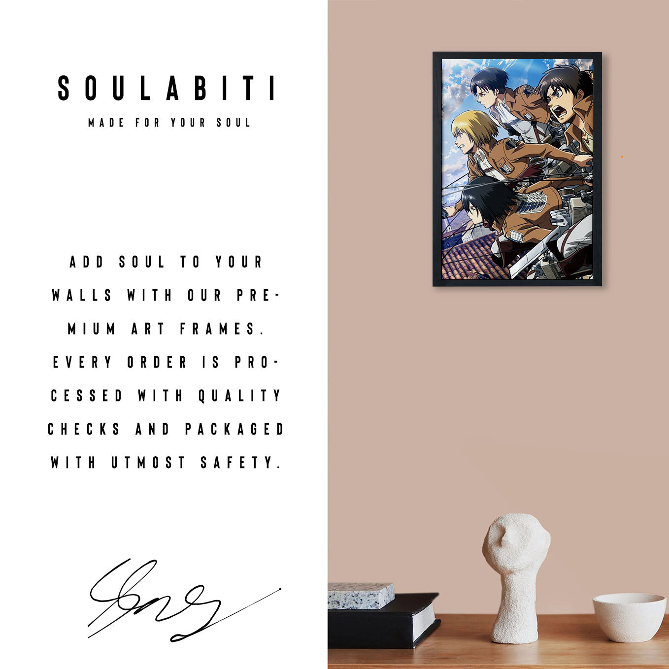 Attack on Titan Armin, Mikasa, Levi, Eren Poster Anime framed (13x19-Inch, Plexi-Glass, Textured Frame) - SoulAbiti