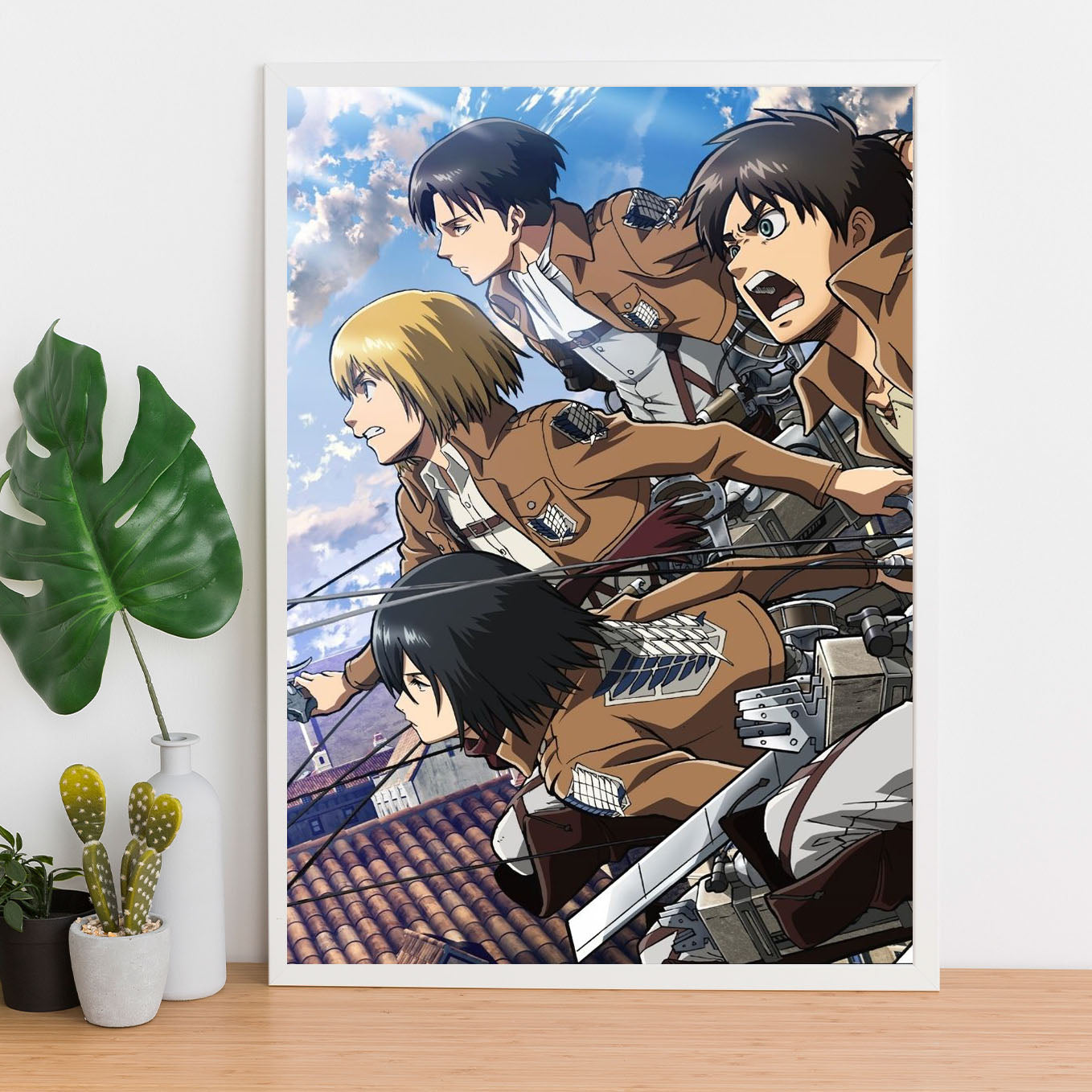 Attack on Titan Armin, Mikasa, Levi, Eren Poster Anime framed (13x19-Inch, Plexi-Glass, Textured Frame) - SoulAbiti