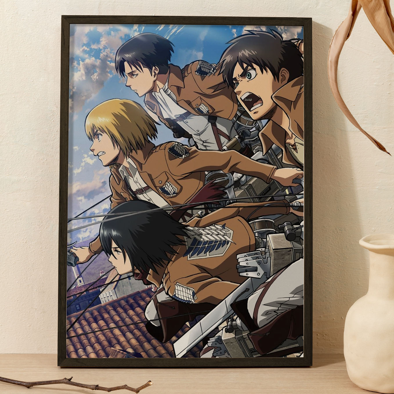 Attack on Titan Armin, Mikasa, Levi, Eren Poster Anime framed (13x19-Inch, Plexi-Glass, Textured Frame) - SoulAbiti