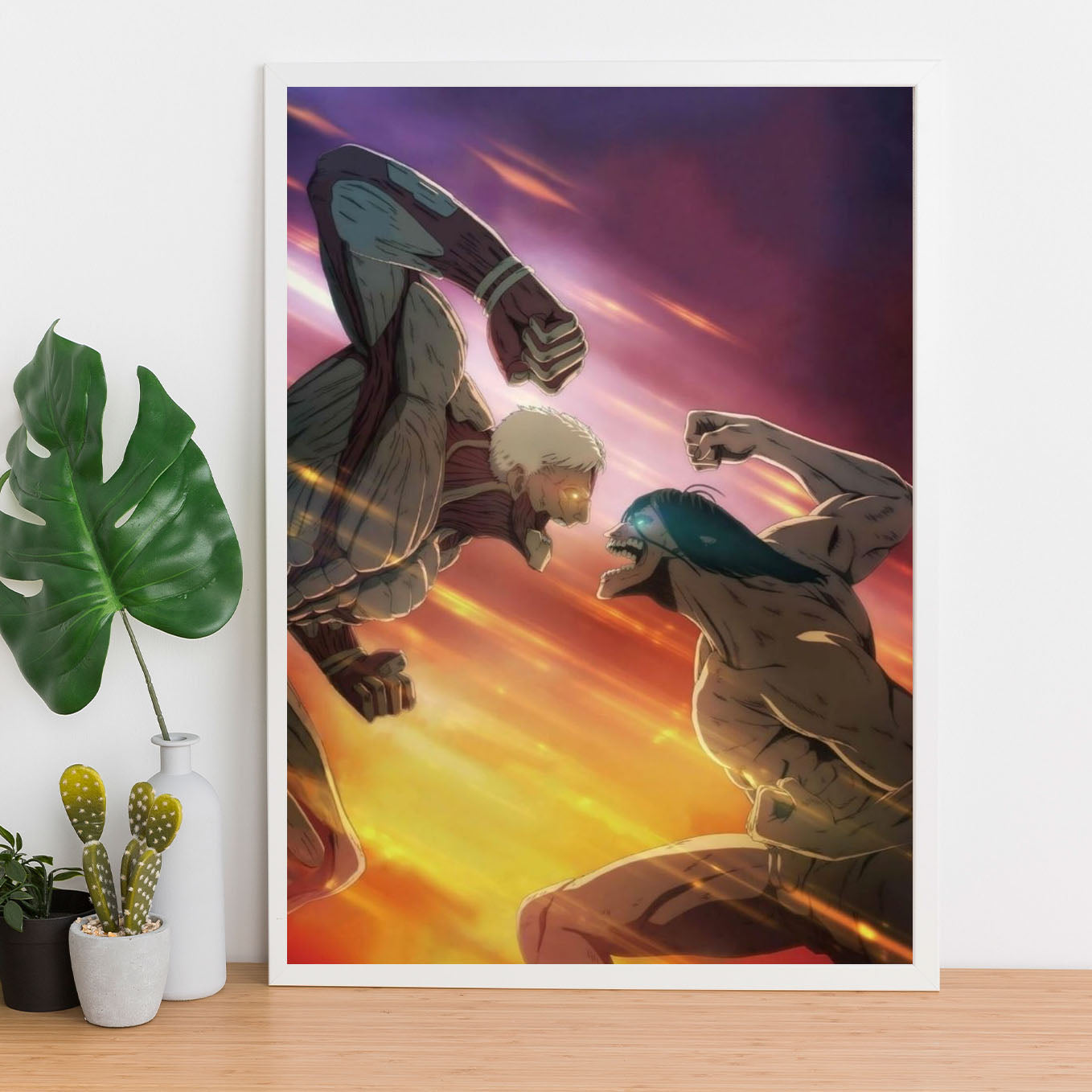 Attack on Titan Armored vs Attack Titan Poster anime framed (13x19-Inch, Plexi-Glass, Textured Frame) - SoulAbiti