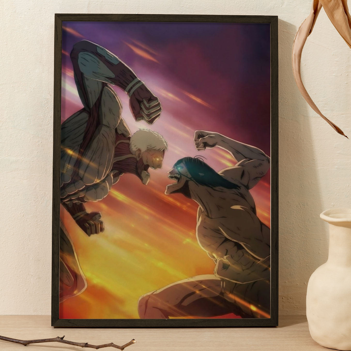Attack on Titan Armored vs Attack Titan Poster anime framed (13x19-Inch, Plexi-Glass, Textured Frame) - SoulAbiti
