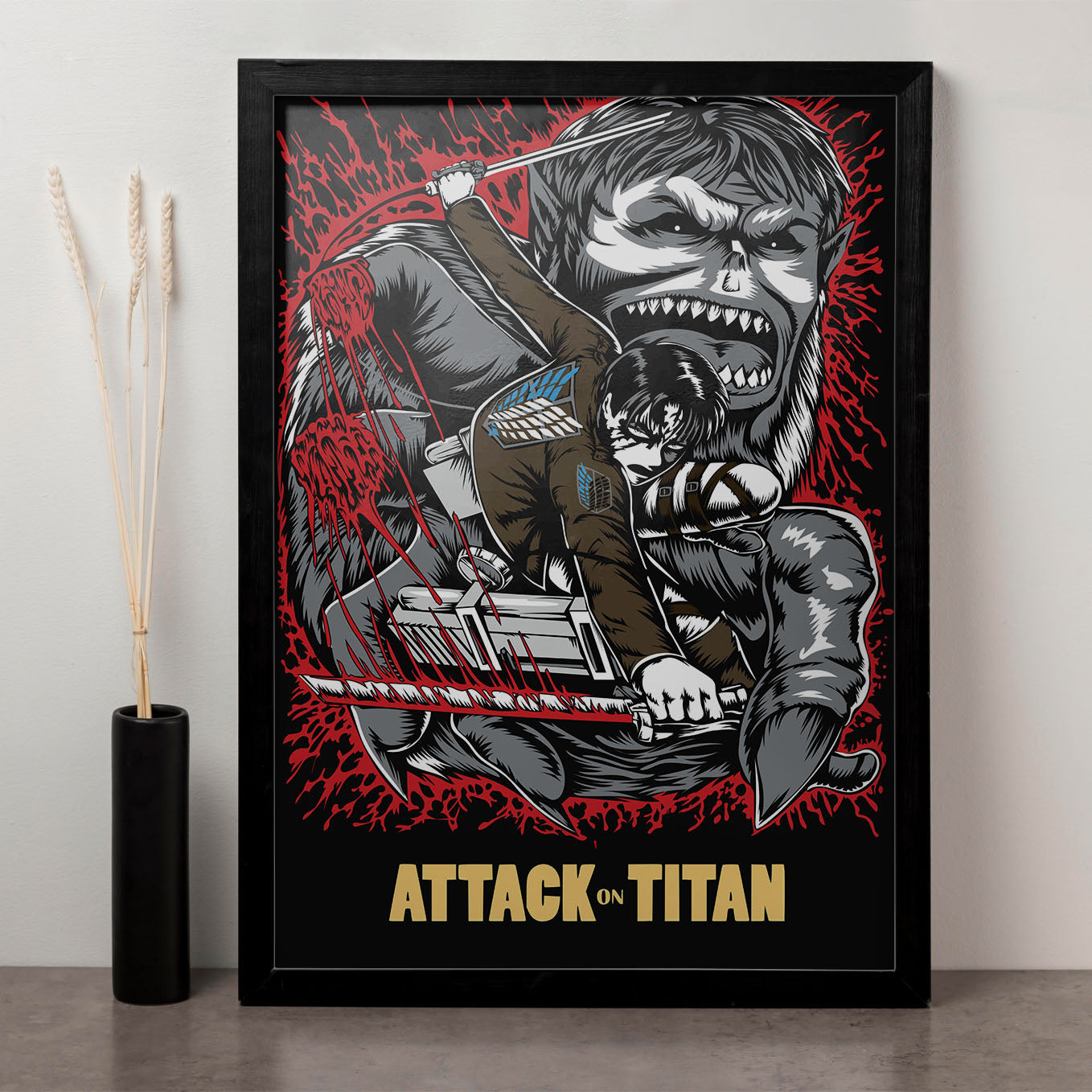 Attack on Titan Beast Titan vs Levi Poster art framed (13x19-Inch, Plexi-Glass, Textured Frame) - SoulAbiti
