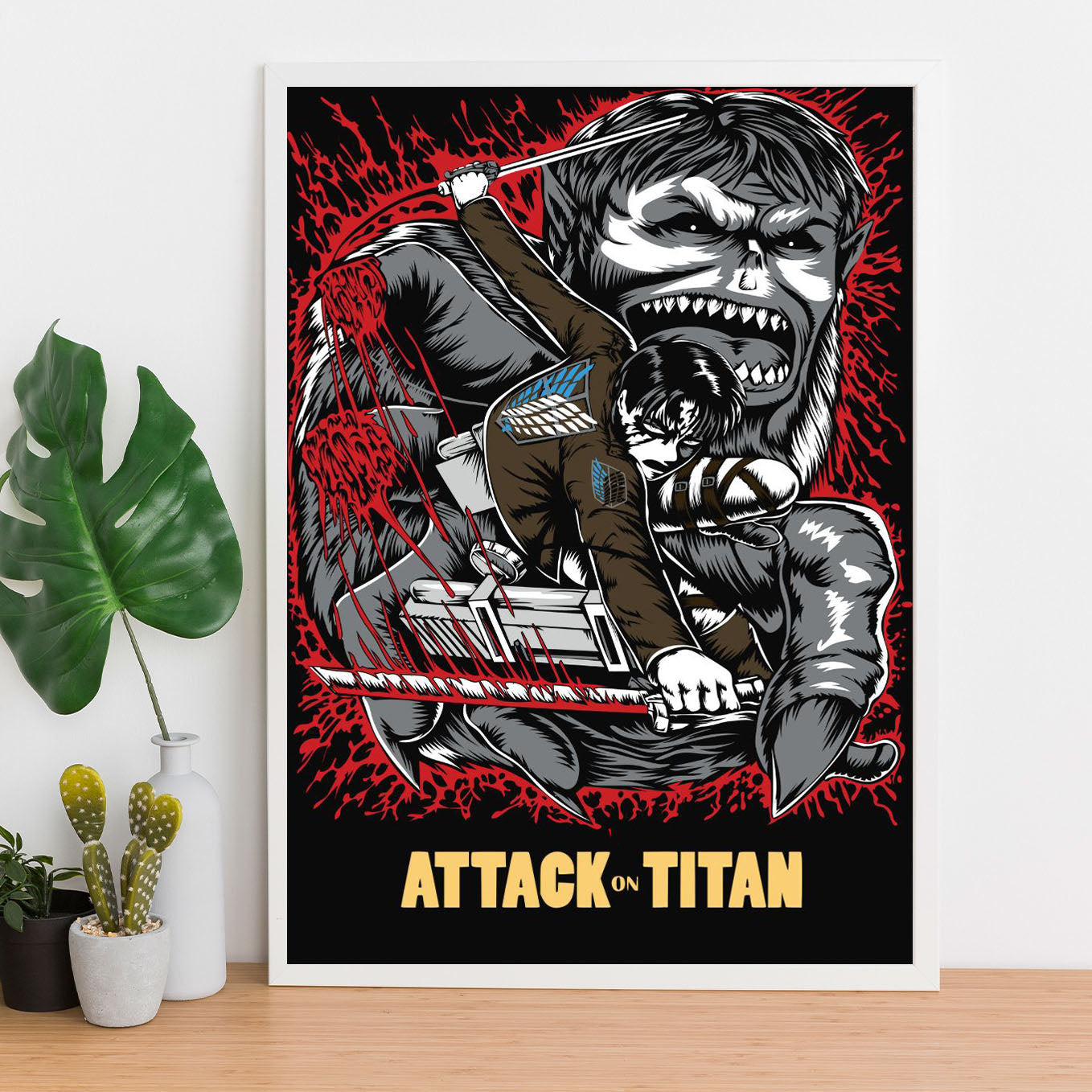 Attack on Titan Beast Titan vs Levi Poster art framed (13x19-Inch, Plexi-Glass, Textured Frame) - SoulAbiti