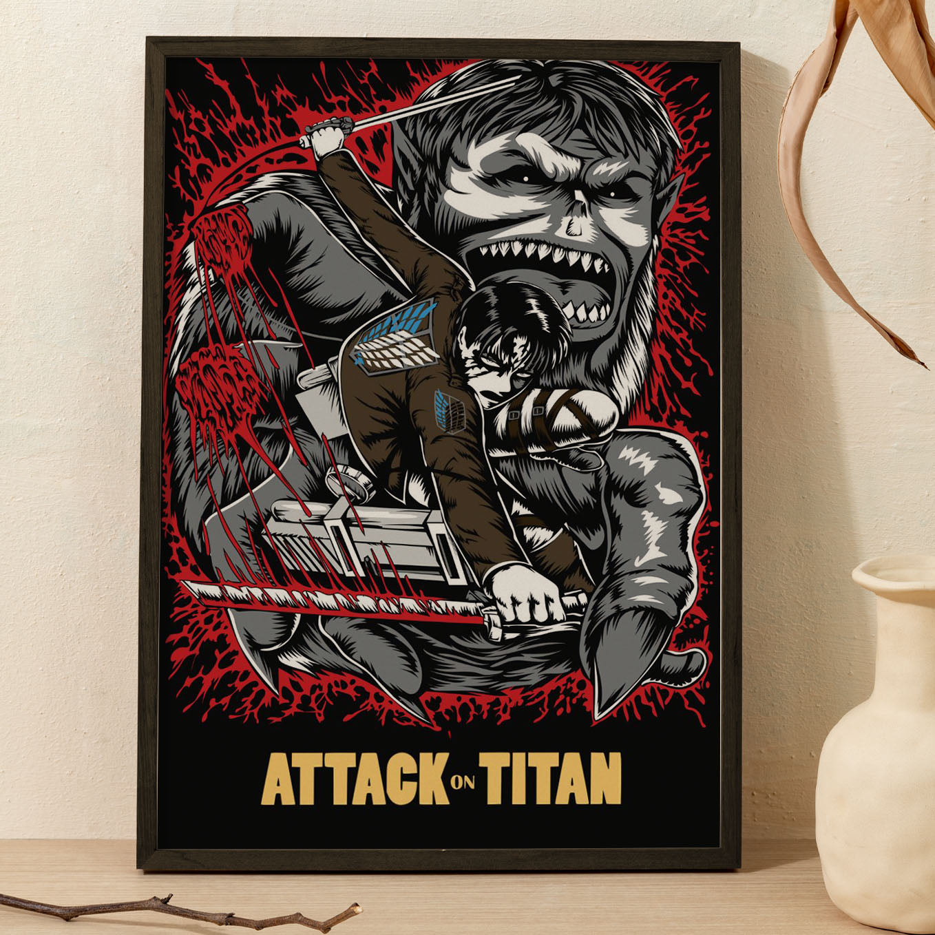 Attack on Titan Beast Titan vs Levi Poster art framed (13x19-Inch, Plexi-Glass, Textured Frame) - SoulAbiti