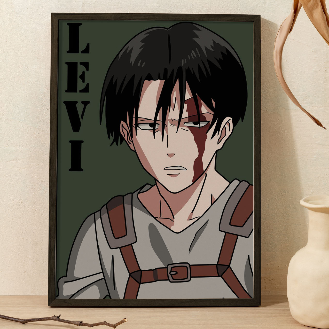Attack on Titan Captain Levi Poster art framed (13x19-Inch, Plexi-Glass, Textured Frame) - SoulAbiti
