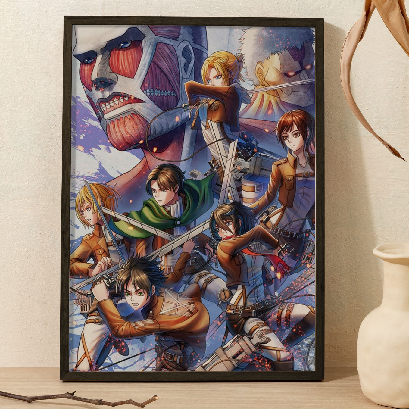 Attack on Titan Characters Poster art framed (13x19-Inch, Plexi-Glass, Textured Frame) - SoulAbiti