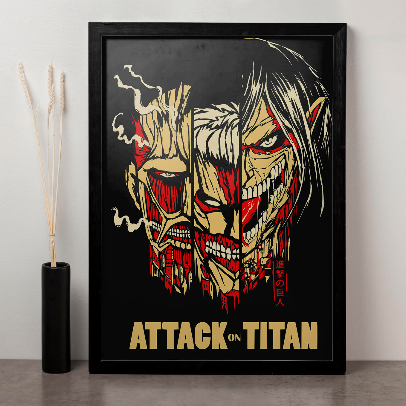 Attack on Titan Colossal, Armour, Attack Titan Poster framed (13x19-Inch, Plexi-Glass, Textured Frame) - SoulAbiti