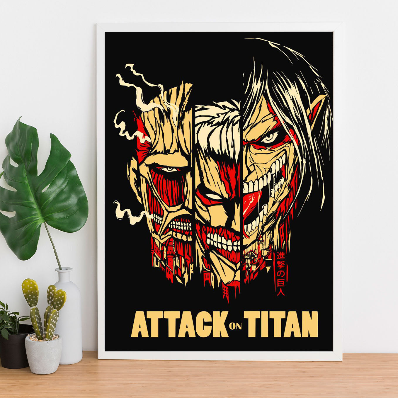 Attack on Titan Colossal, Armour, Attack Titan Poster framed (13x19-Inch, Plexi-Glass, Textured Frame) - SoulAbiti