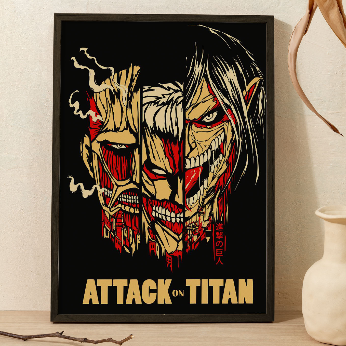 Attack on Titan Colossal, Armour, Attack Titan Poster framed (13x19-Inch, Plexi-Glass, Textured Frame) - SoulAbiti