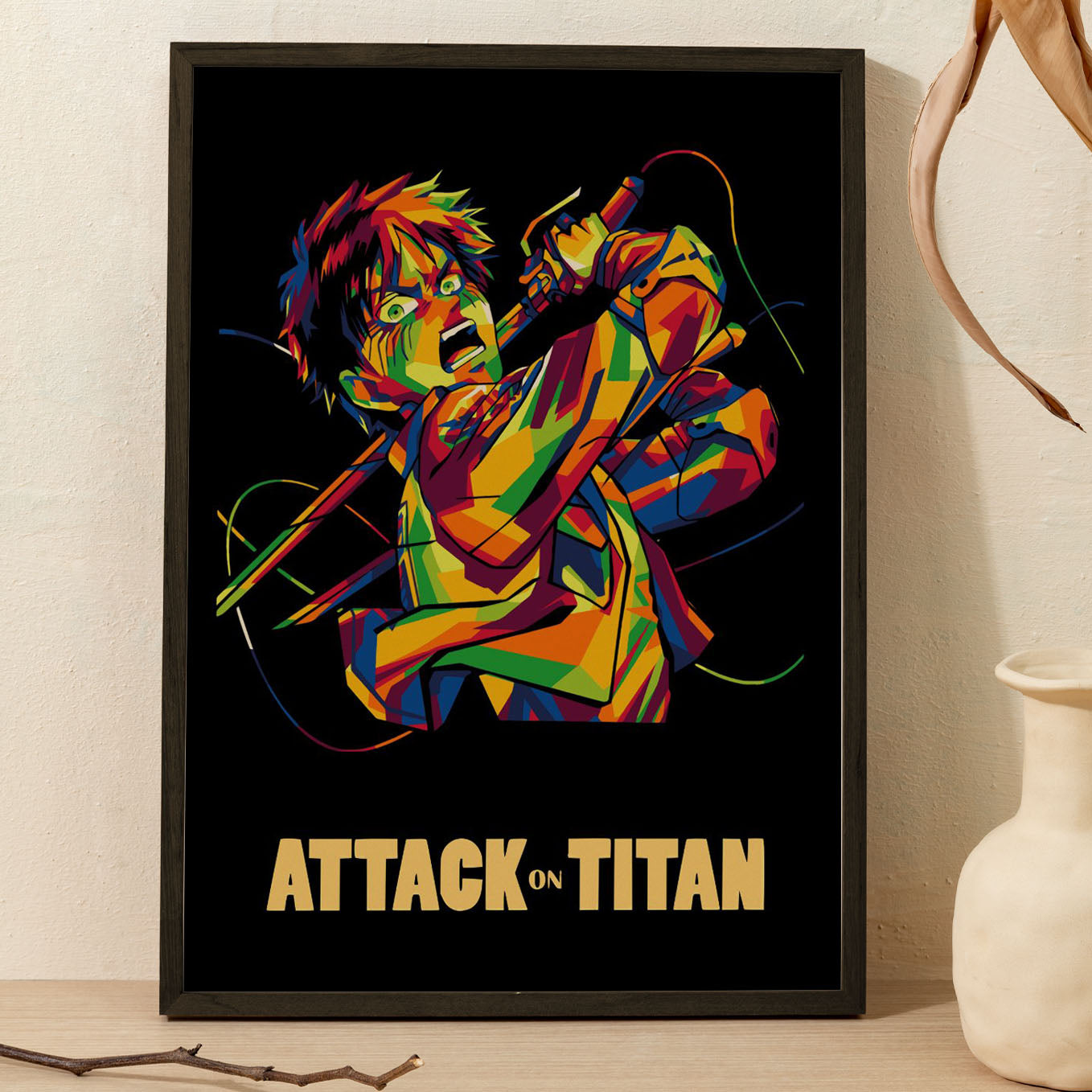 Attack on Titan Eren anime Poster framed (13x19-Inch, Plexi-Glass, Textured Frame) - SoulAbiti