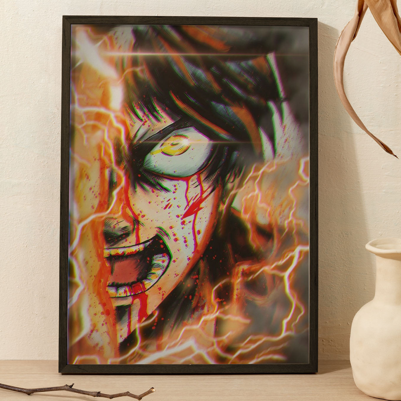 Attack on Titan Eren Transformation Anime Poster framed (13x19-Inch, Plexi-Glass, Textured Frame) - SoulAbiti
