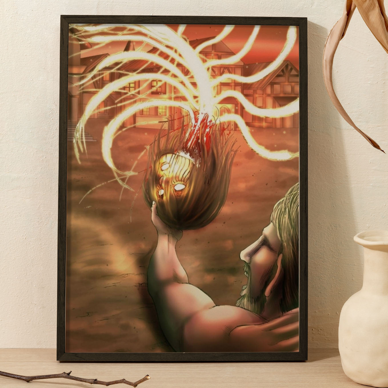 Attack on Titan Eren Transforming Into Founding Titan Anime Poster framed (13x19-Inch, Plexi-Glass, Textured Frame) - SoulAbiti