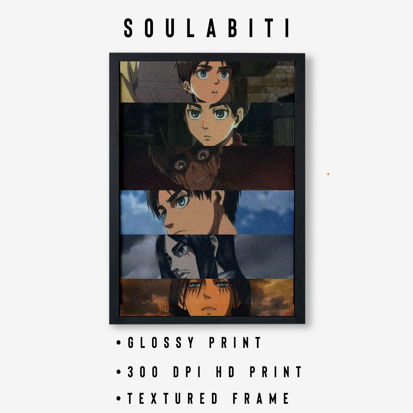 Attack on Titan Eren Yeager Collage Poster art framed (13x19-Inch, Plexi-Glass, Textured Frame) - SoulAbiti