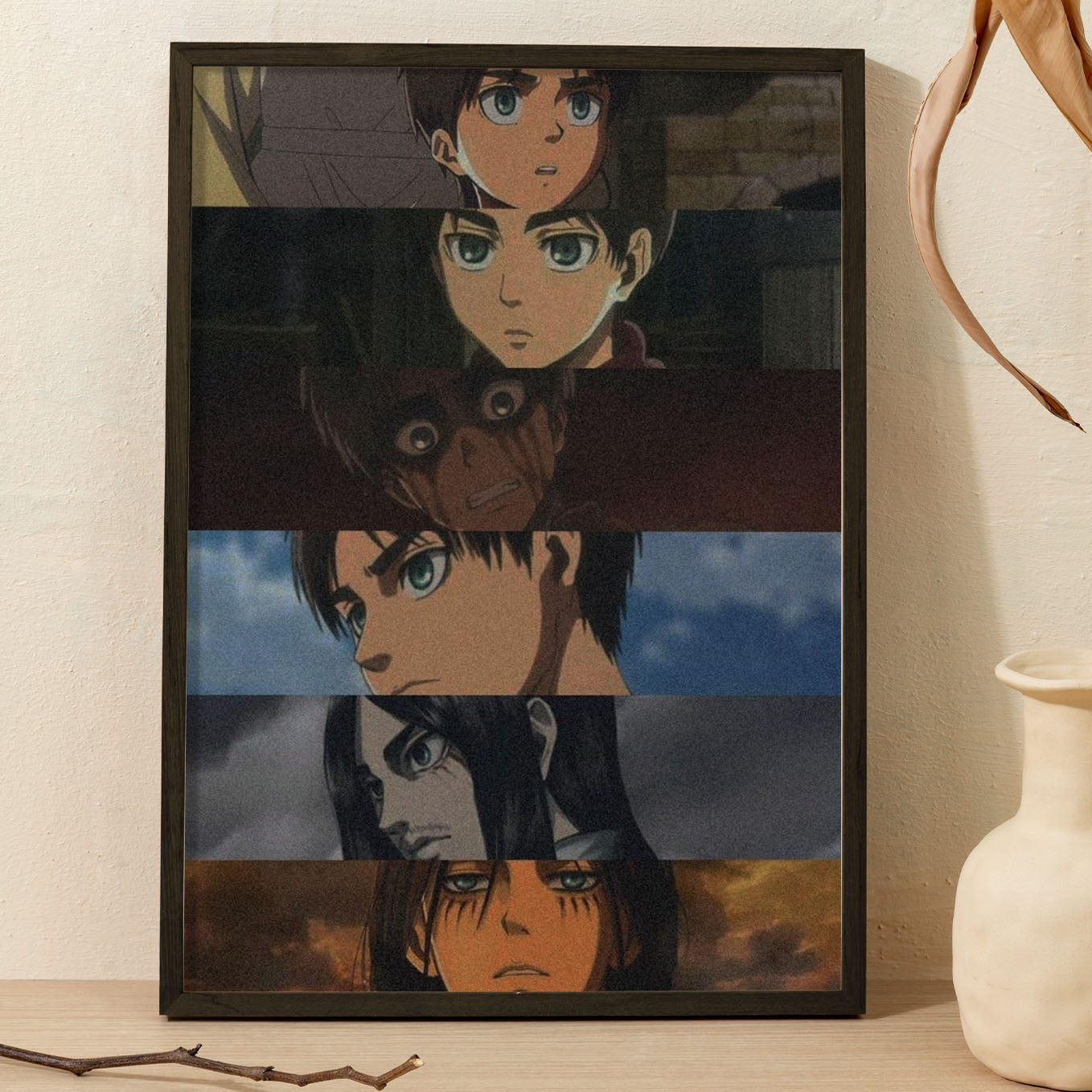 Attack on Titan Eren Yeager Collage Poster art framed (13x19-Inch, Plexi-Glass, Textured Frame) - SoulAbiti