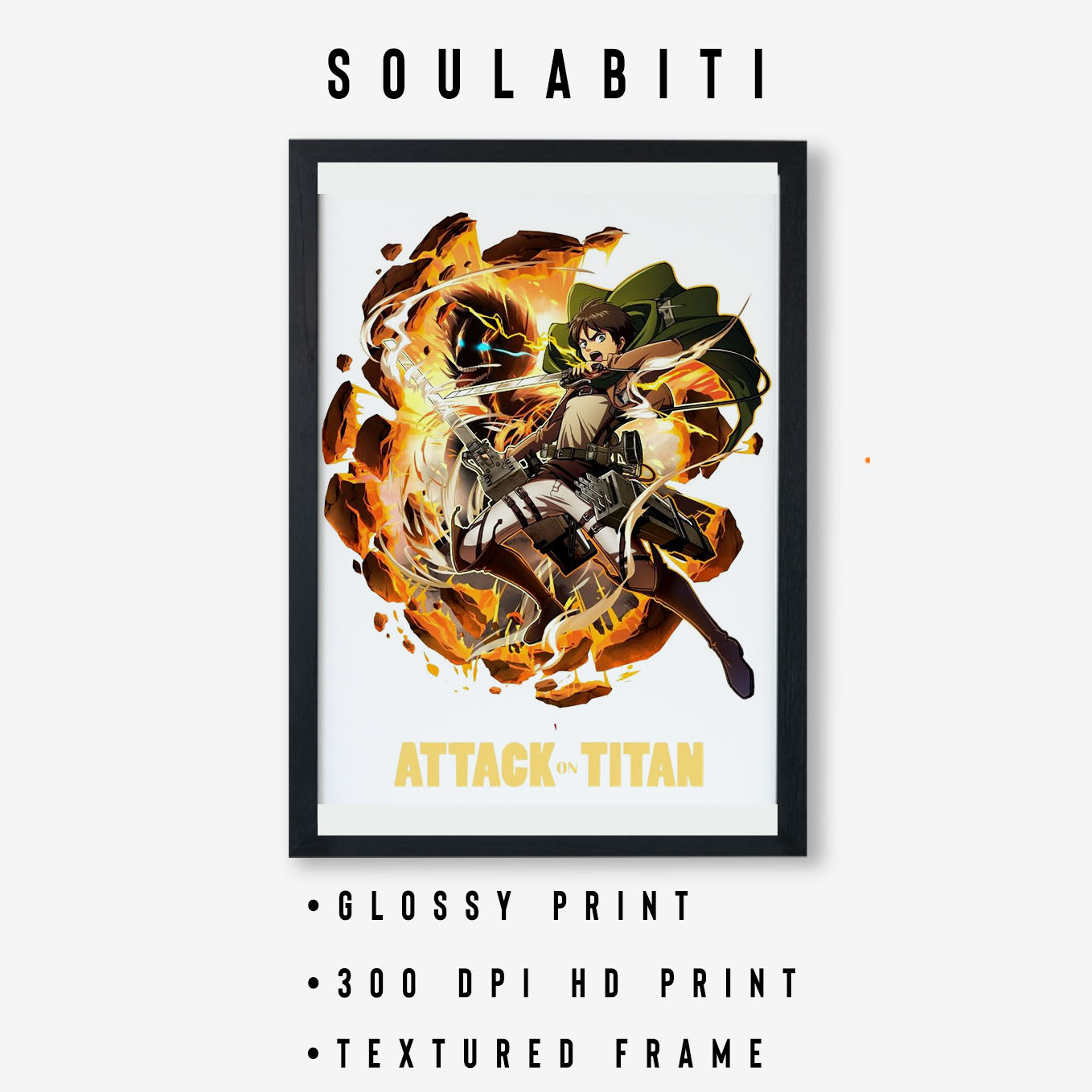 Attack on Titan Eren Yeager survey corps anime poster framed (13x19-Inch, Plexi-Glass, Textured Frame) - SoulAbiti