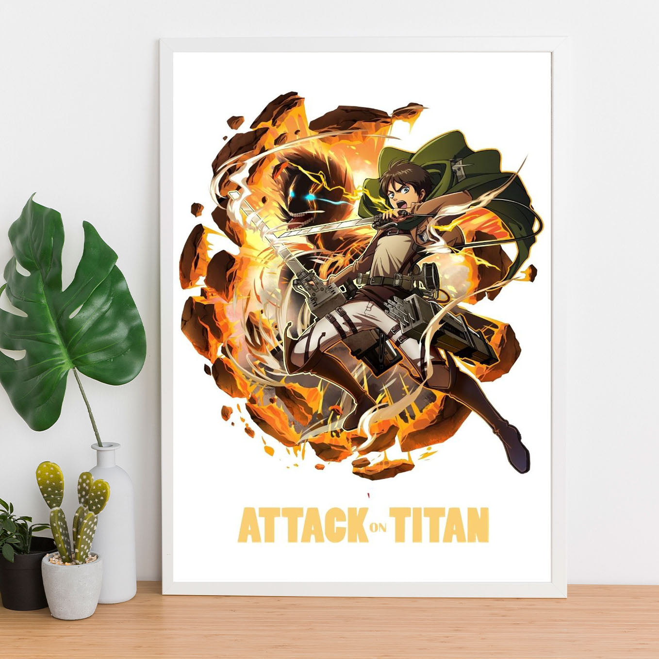 Attack on Titan Eren Yeager survey corps anime poster framed (13x19-Inch, Plexi-Glass, Textured Frame) - SoulAbiti