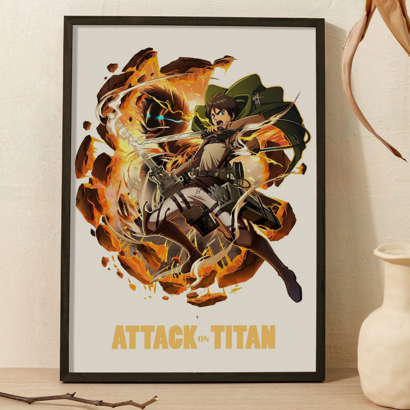Attack on Titan Eren Yeager survey corps anime poster framed (13x19-Inch, Plexi-Glass, Textured Frame) - SoulAbiti