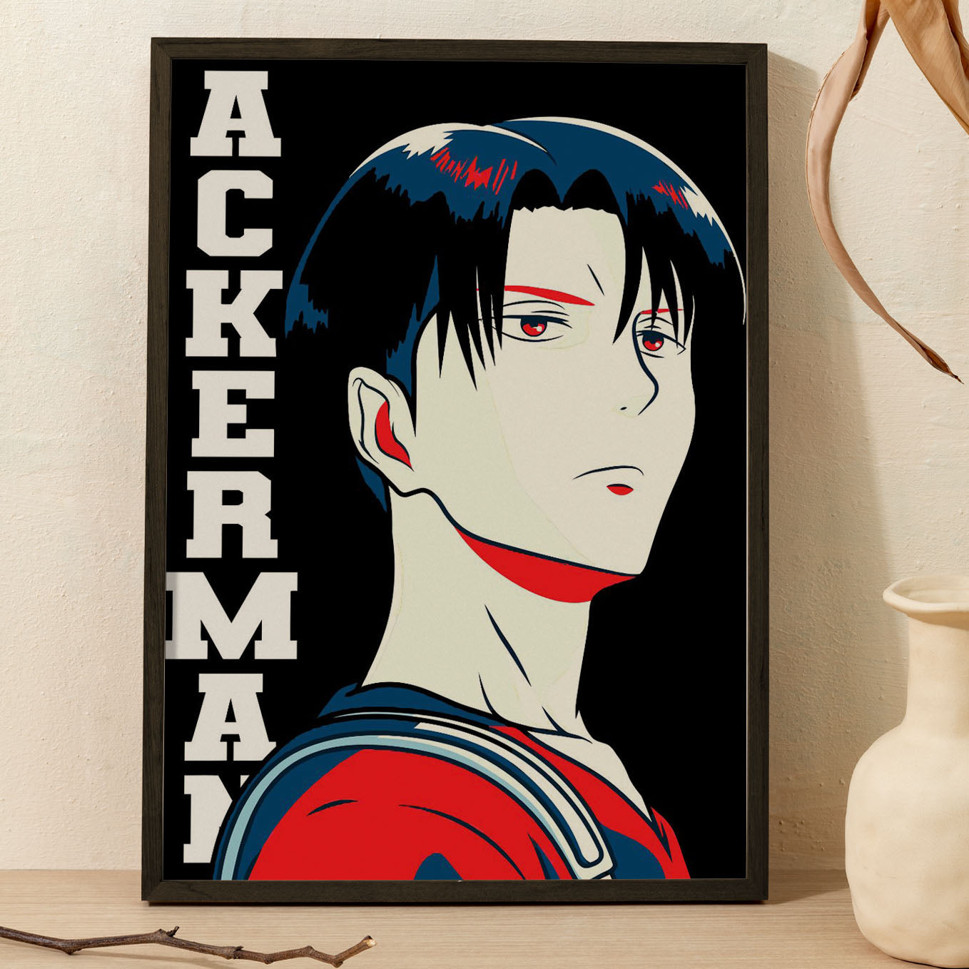 Attack on Titan Levi Ackerman Illustration Poster anime framed (13x19-Inch, Plexi-Glass, Textured Frame) - SoulAbiti