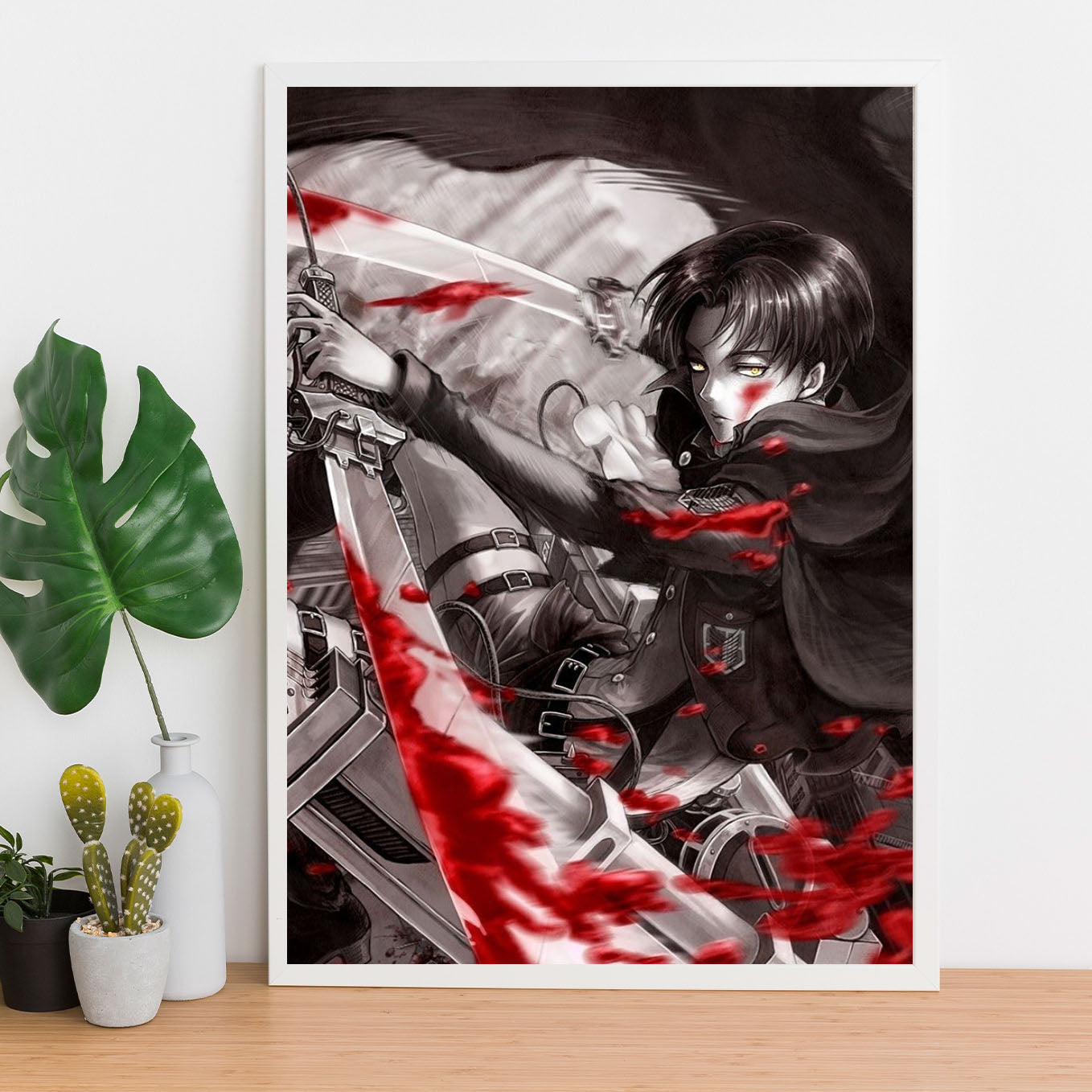 Attack on Titan Levi In Action Poster anime framed (13x19-Inch, Plexi-Glass, Textured Frame) - SoulAbiti