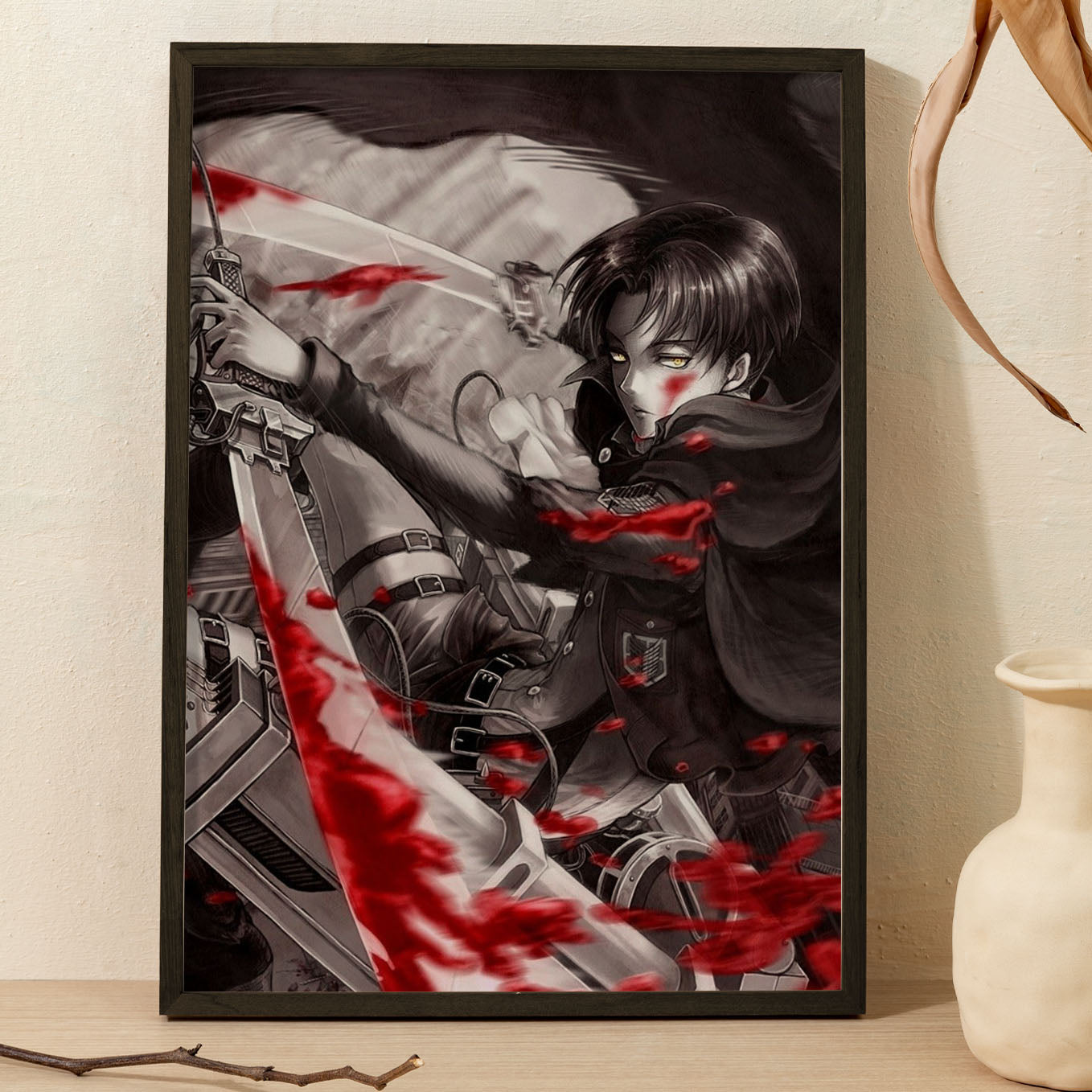 Attack on Titan Levi In Action Poster anime framed (13x19-Inch, Plexi-Glass, Textured Frame) - SoulAbiti