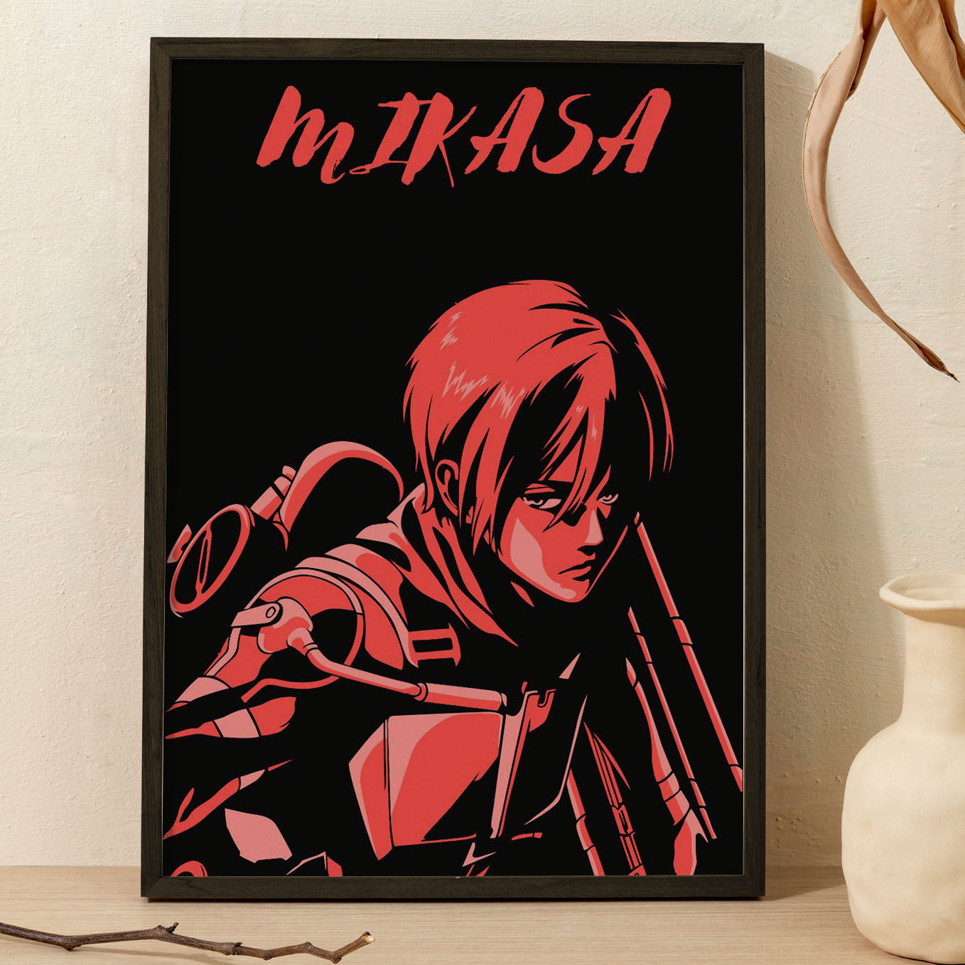 Attack on Titan Mikasa Ackerman Illustration Poster anime framed (13x19-Inch, Plexi-Glass, Textured Frame) - SoulAbiti