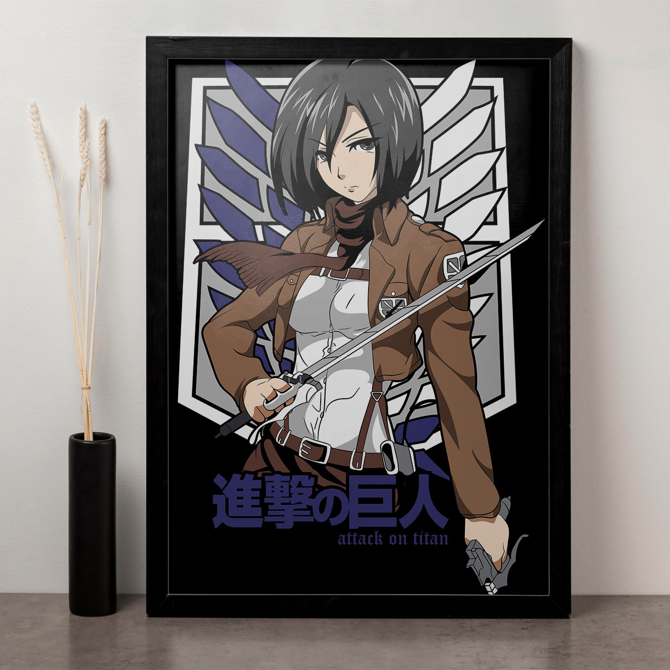 Attack on Titan Mikasa Ackerman Survey corps Poster framed (13x19-Inch, Plexi-Glass, Textured Frame) - SoulAbiti