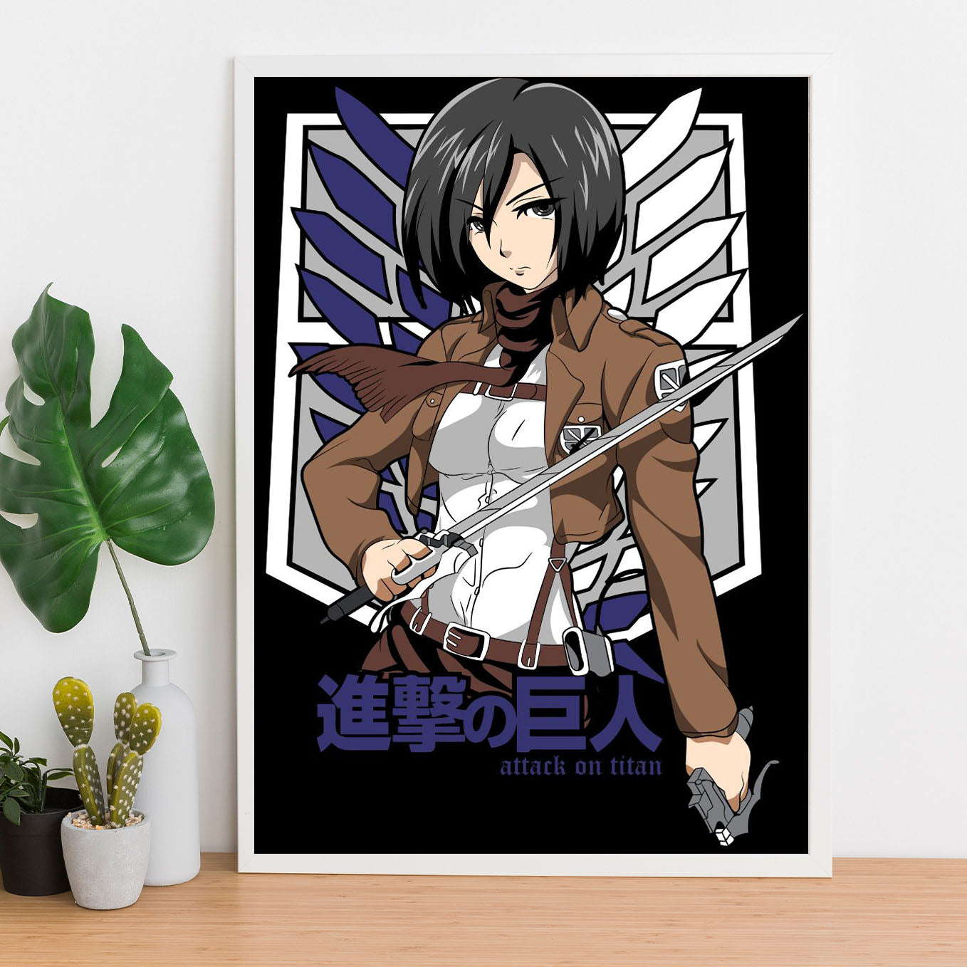 Attack on Titan Mikasa Ackerman Survey corps Poster framed (13x19-Inch, Plexi-Glass, Textured Frame) - SoulAbiti