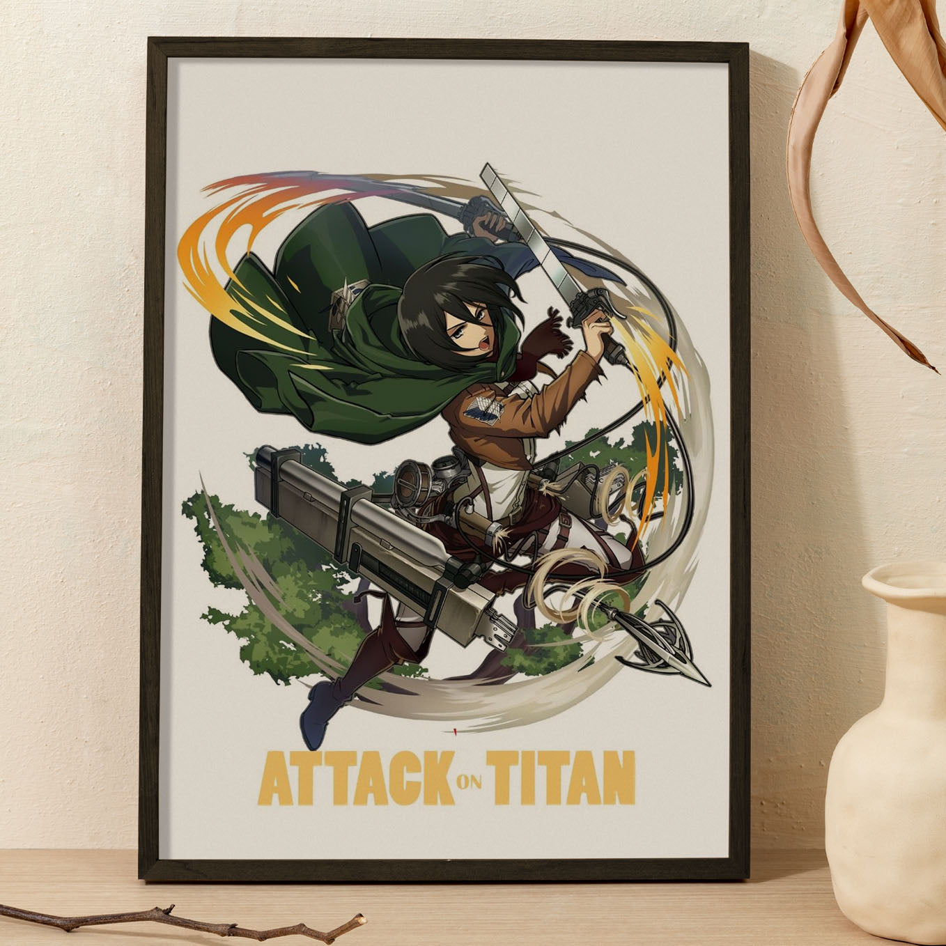 Attack on Titan Mikasa Poster anime framed (13x19-Inch, Plexi-Glass, Textured Frame) - SoulAbiti