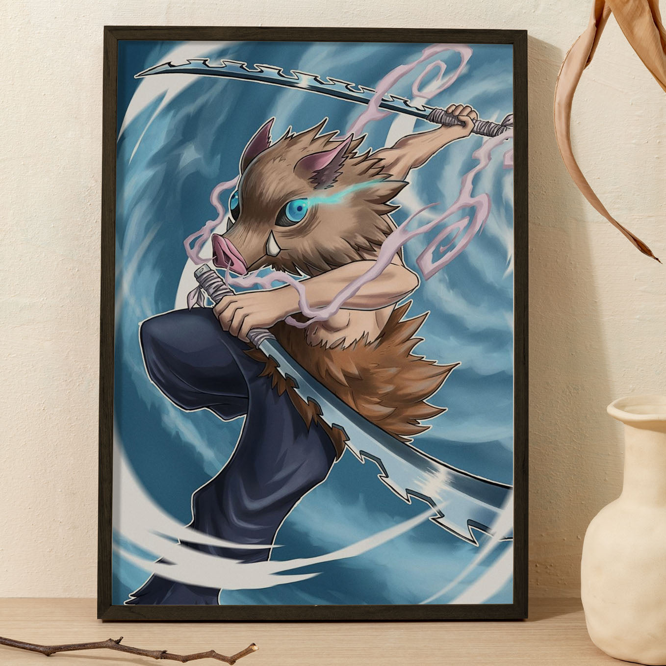 Demon Slayer Inosuke Animal Form Art Style Poster framed 13x19-Inch - SoulAbiti