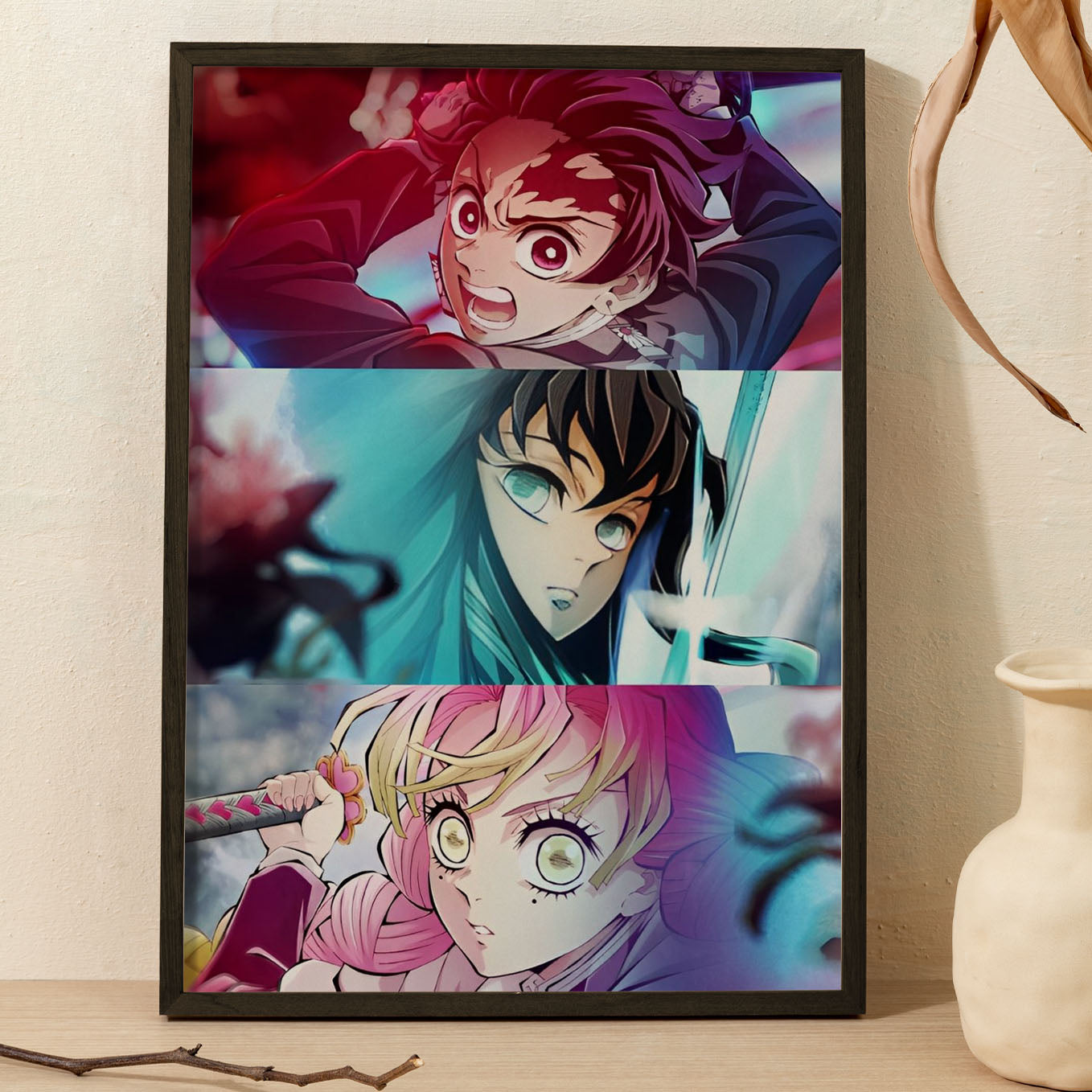 Demon Slayer Mitsuri Kanroji, Muichiro Tokito, Tanjiro Poster art framed 13x19-Inch - SoulAbiti