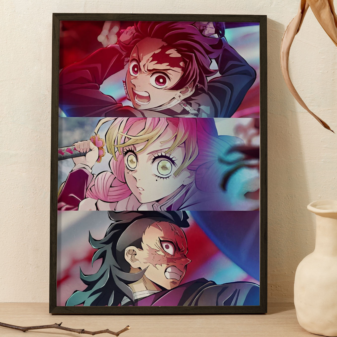Demon Slayer Sanemi Shinazugawa, Mitsuri Kanroji, Tanjiro kamado Poster framed 13x19-Inch - SoulAbiti