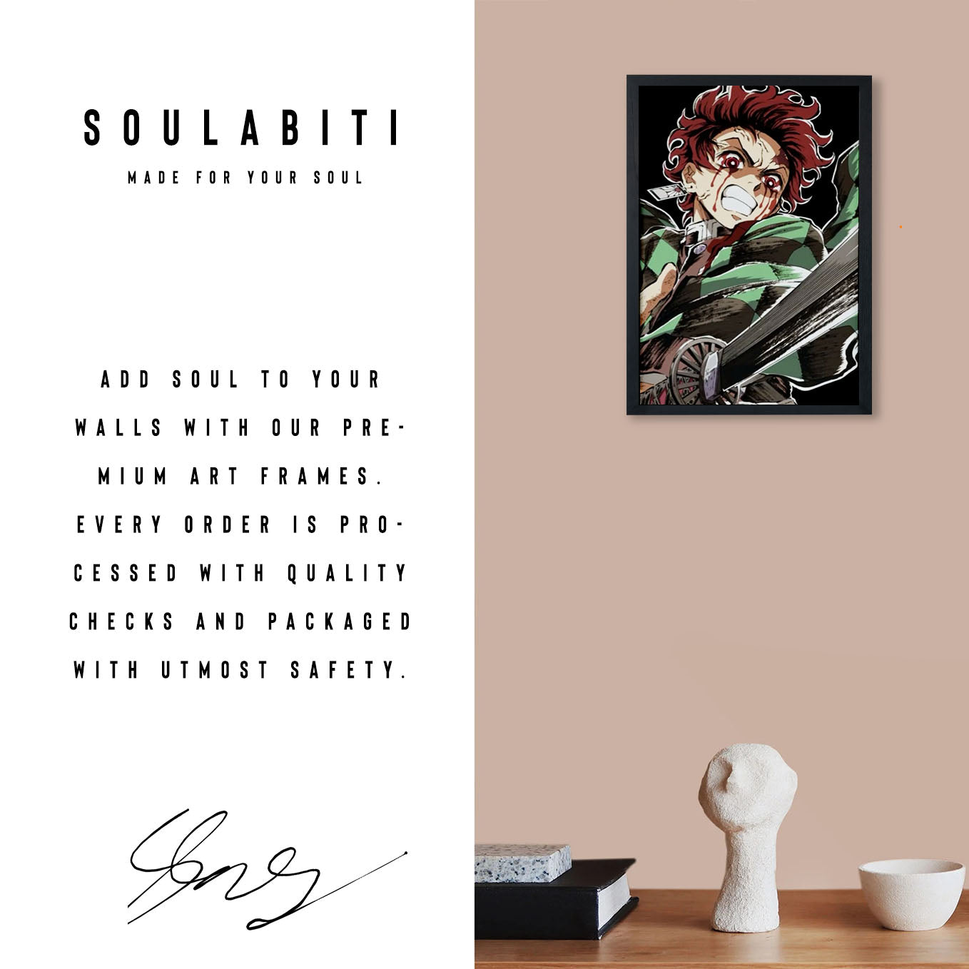 Demon Slayer Tanjiro Fighting Poster art framed 13x19-Inch - SoulAbiti