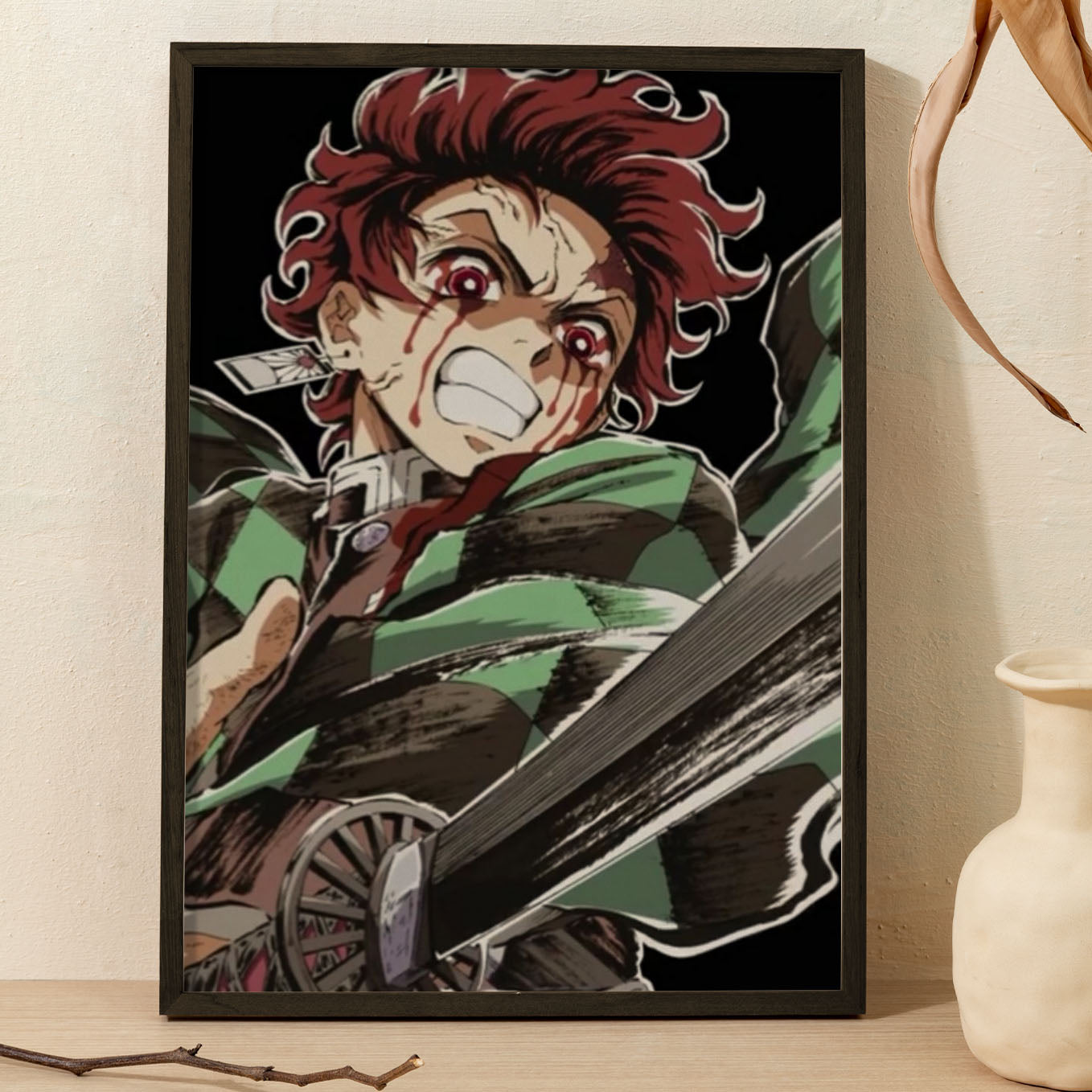 Demon Slayer Tanjiro Fighting Poster art framed 13x19-Inch - SoulAbiti