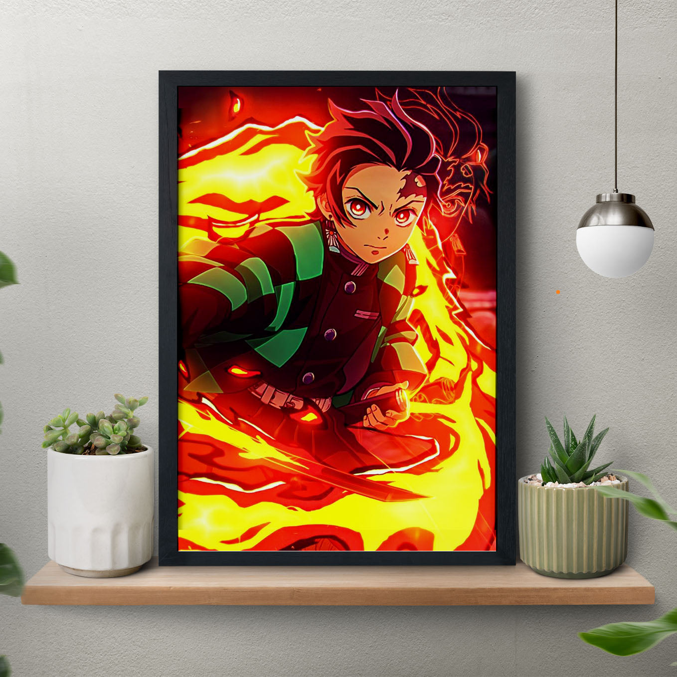 Demon Slayer Tanjiro Fire Breathing Poster art framed 13x19-Inch - SoulAbiti