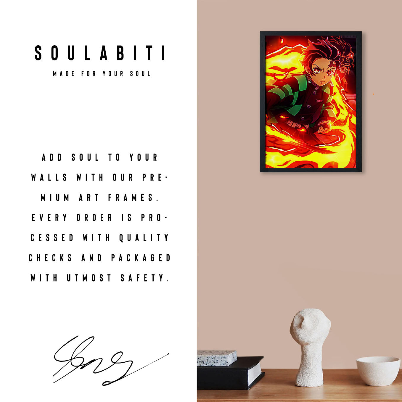 Demon Slayer Tanjiro Fire Breathing Poster art framed 13x19-Inch - SoulAbiti