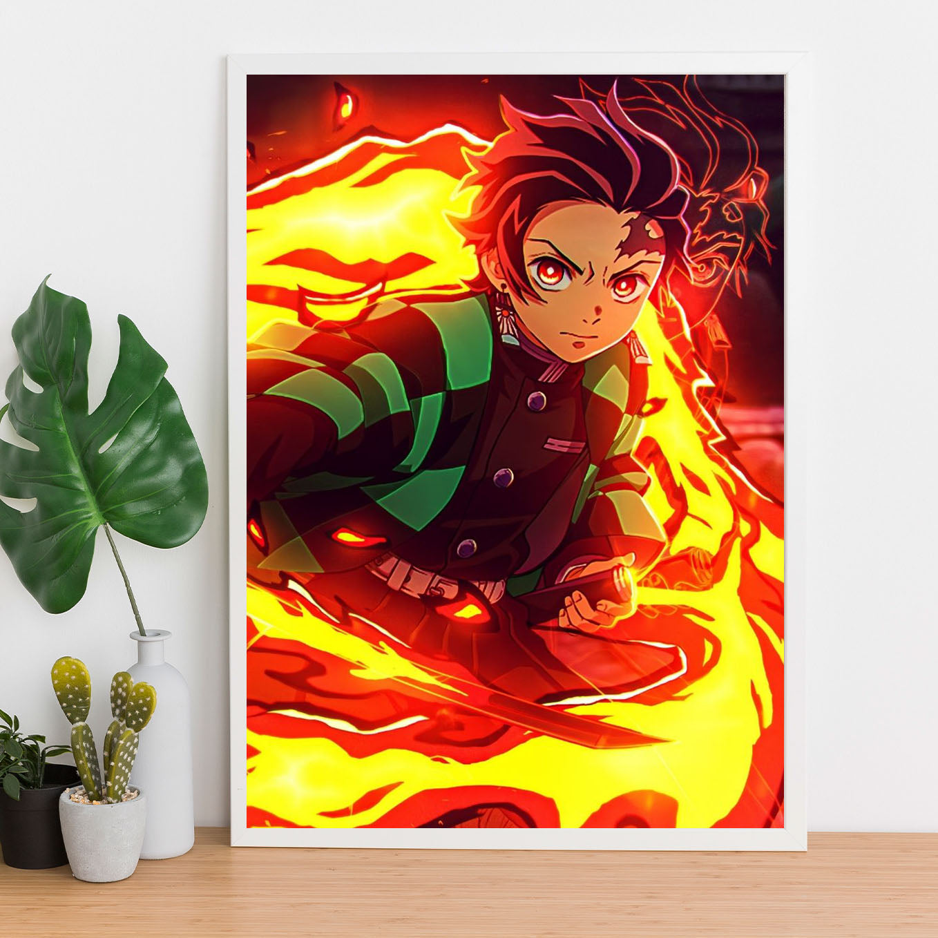 Demon Slayer Tanjiro Fire Breathing Poster art framed 13x19-Inch - SoulAbiti