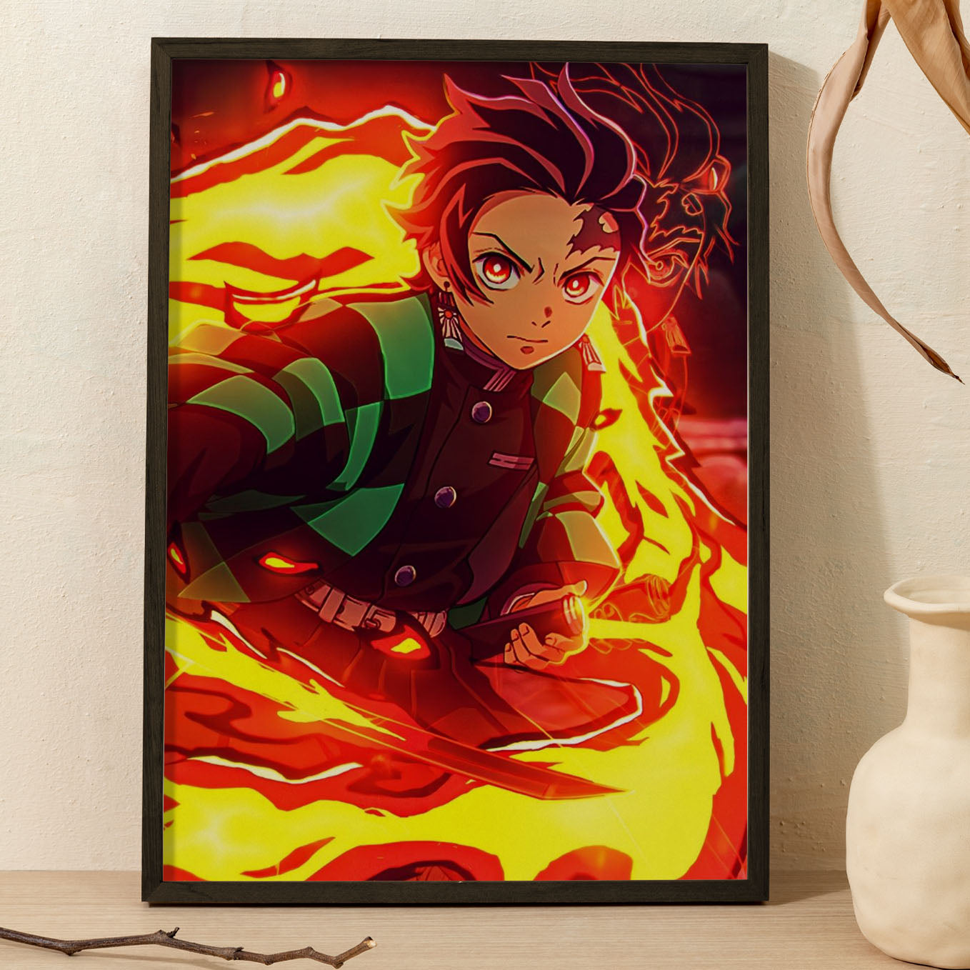 Demon Slayer Tanjiro Fire Breathing Poster art framed 13x19-Inch - SoulAbiti