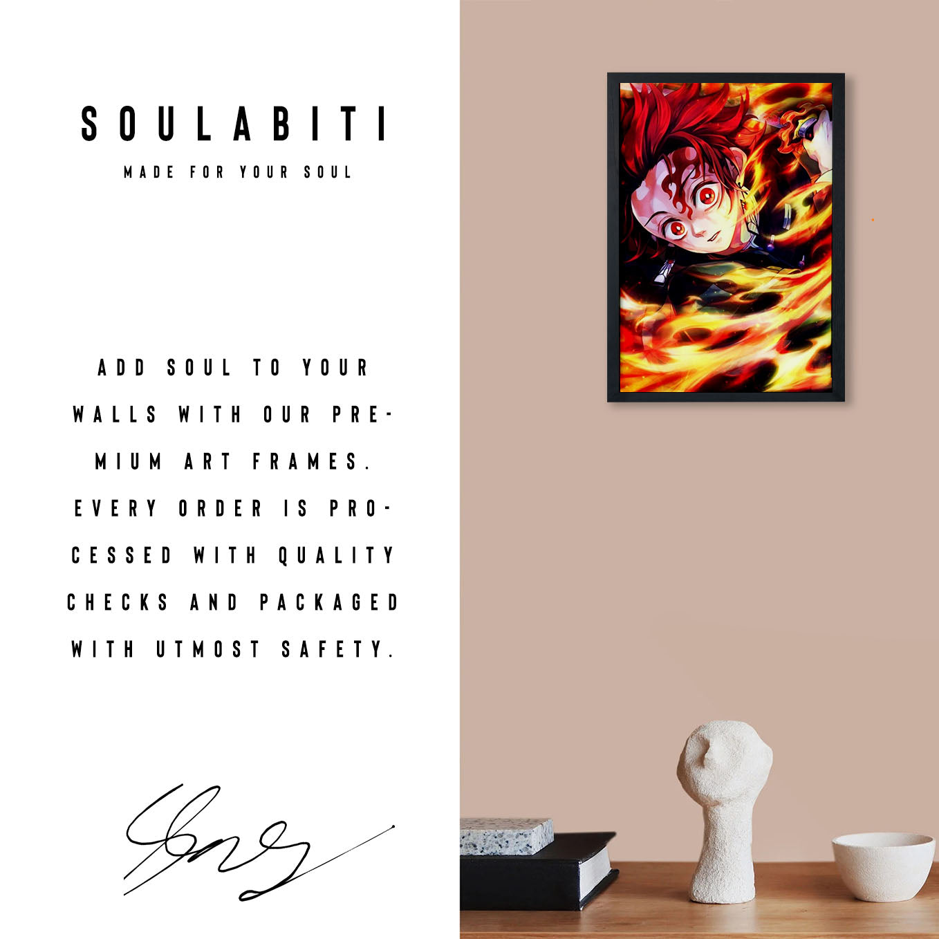 Demon Slayer Tanjiro fire Poster art framed 13x19-Inch - SoulAbiti
