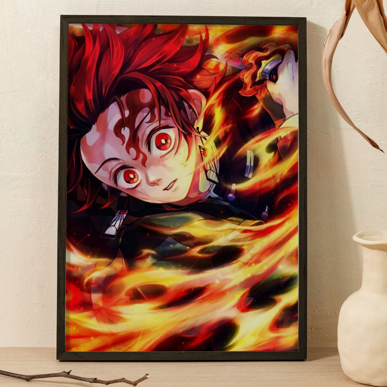 Demon Slayer Tanjiro fire Poster art framed 13x19-Inch - SoulAbiti
