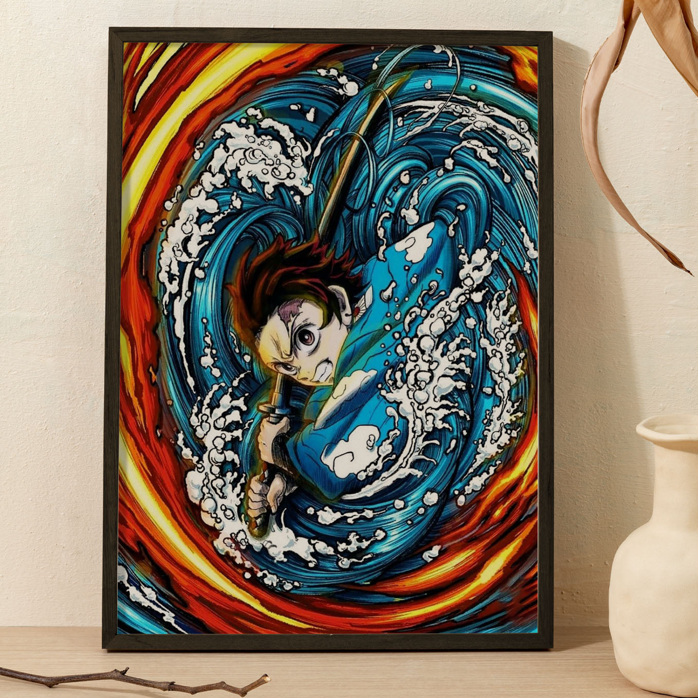 Demon Slayer Tanjiro's Water and Sun Breathing Poster framed 13x19-Inch - SoulAbiti