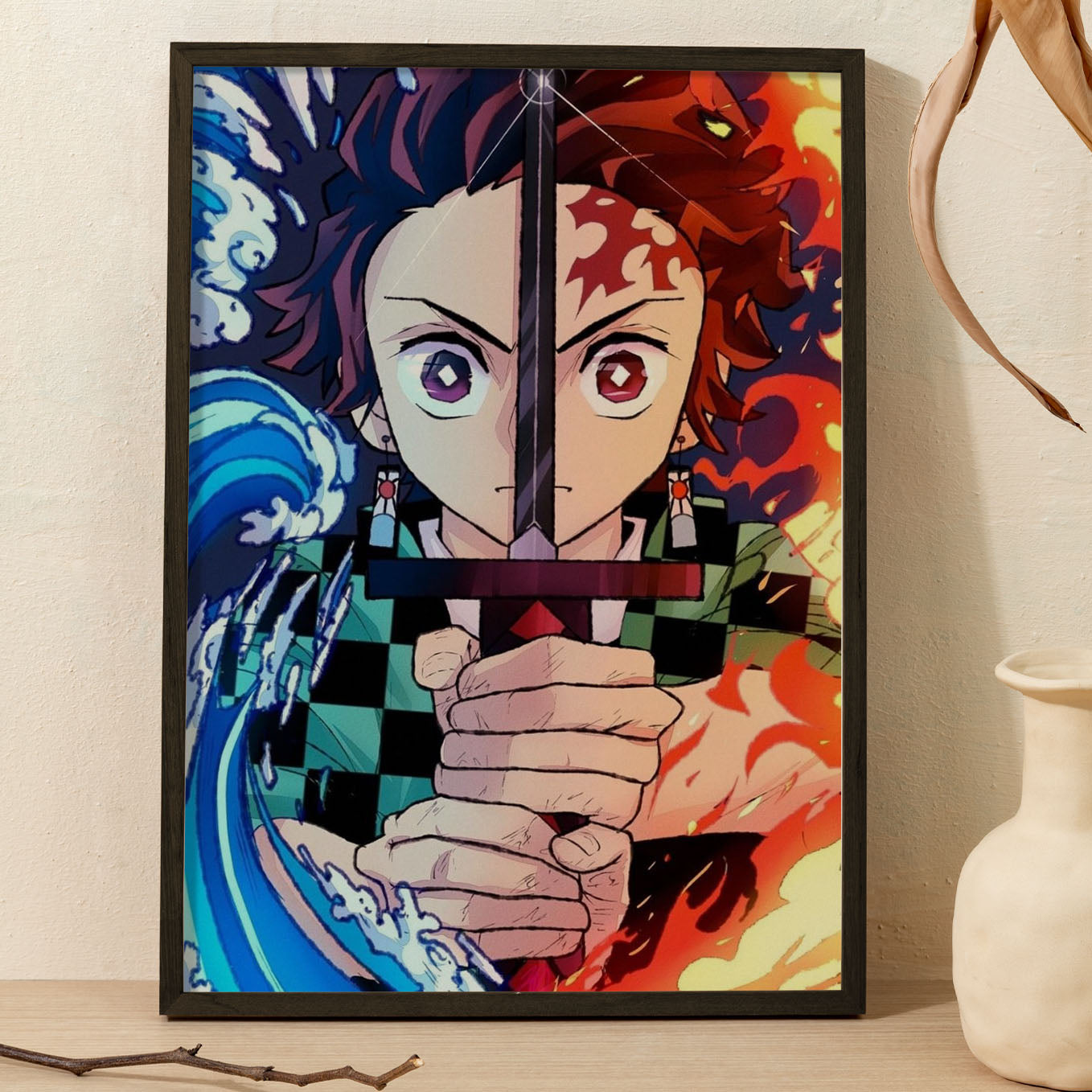 Demon Slayer Tanjiro Sun and Water breathing Poster framed 13x19-Inch - SoulAbiti