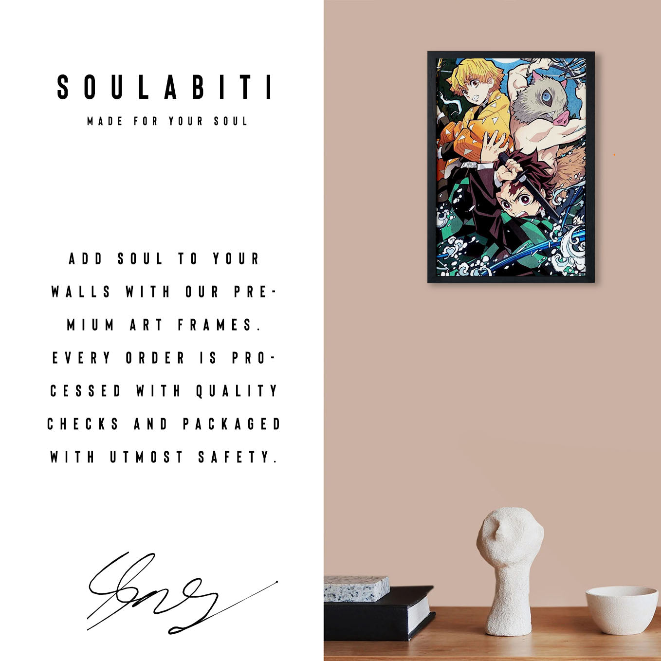 Demon Slayer Tanjiro, Zenitsu, Inosuke Poster art framed 13x19-Inch - SoulAbiti