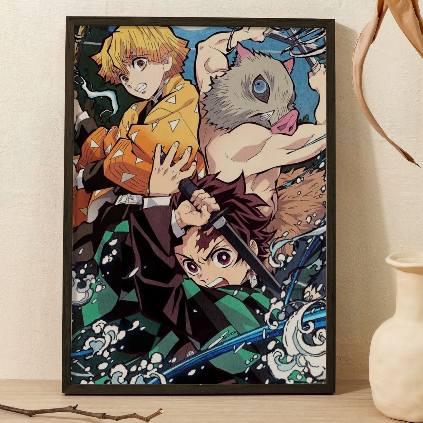 Demon Slayer Tanjiro, Zenitsu, Inosuke Poster art framed 13x19-Inch - SoulAbiti