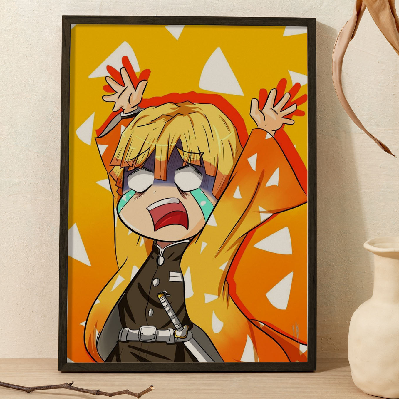 Demon Slayer Zenitsu Crying Fanart Poster art framed 13x19-Inch - SoulAbiti