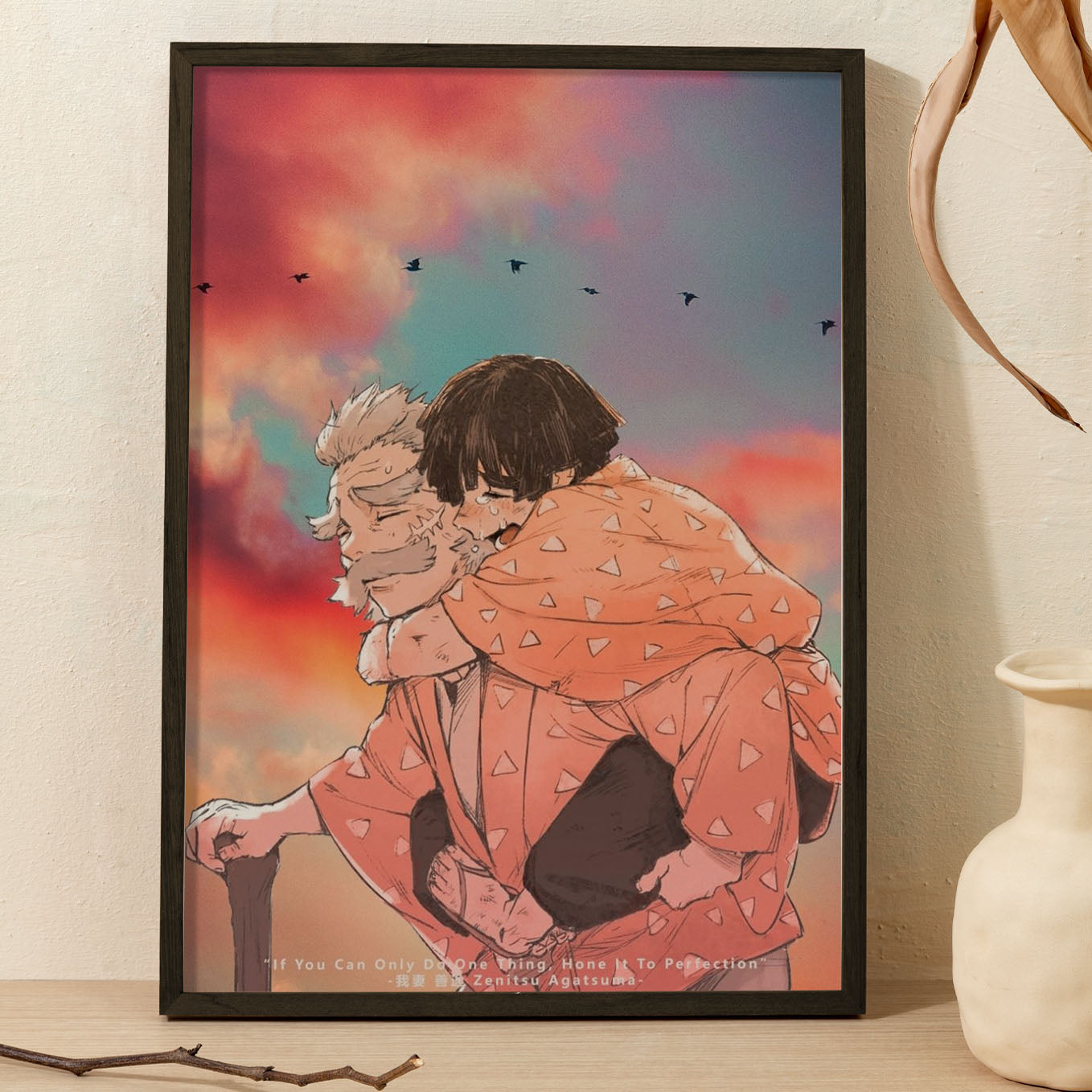 Demon Slayer Zenitsu Grandpa Poster framed 13x19-Inch with Plexi-Glass - SoulAbiti